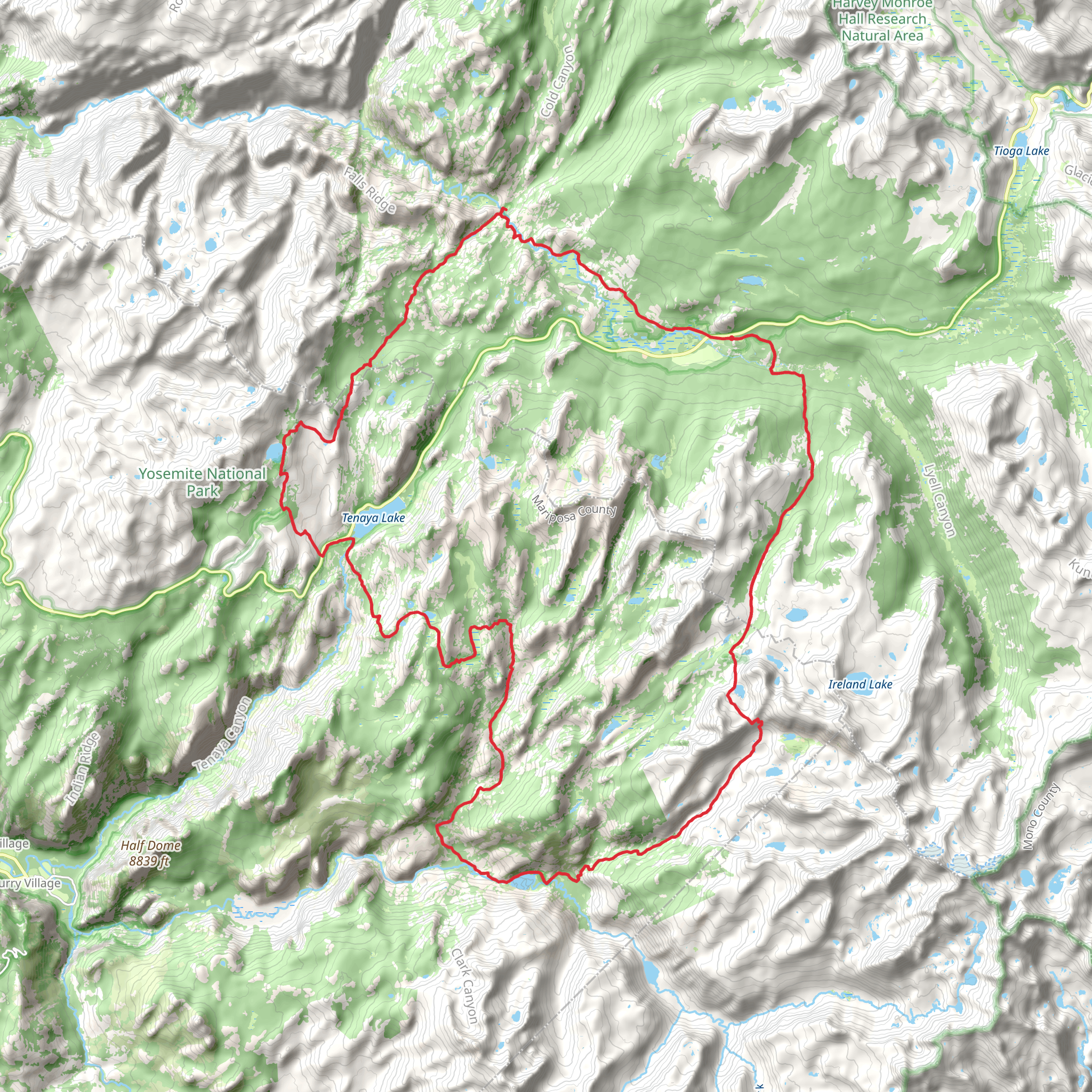 Rafferty Creek Trail, Clouds Rest Trail and May Lake Trail Loop mobile static map