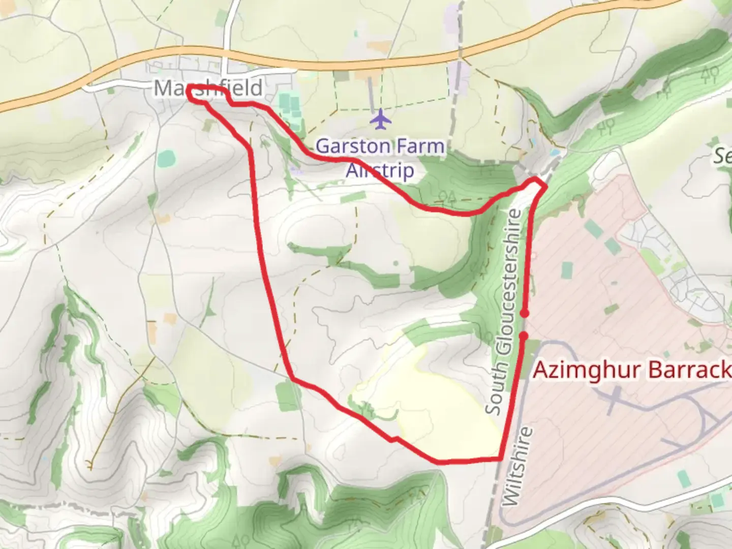 An image depicting the trail Marshfield Wood and Raizes Wood Loop and its surrounding area.