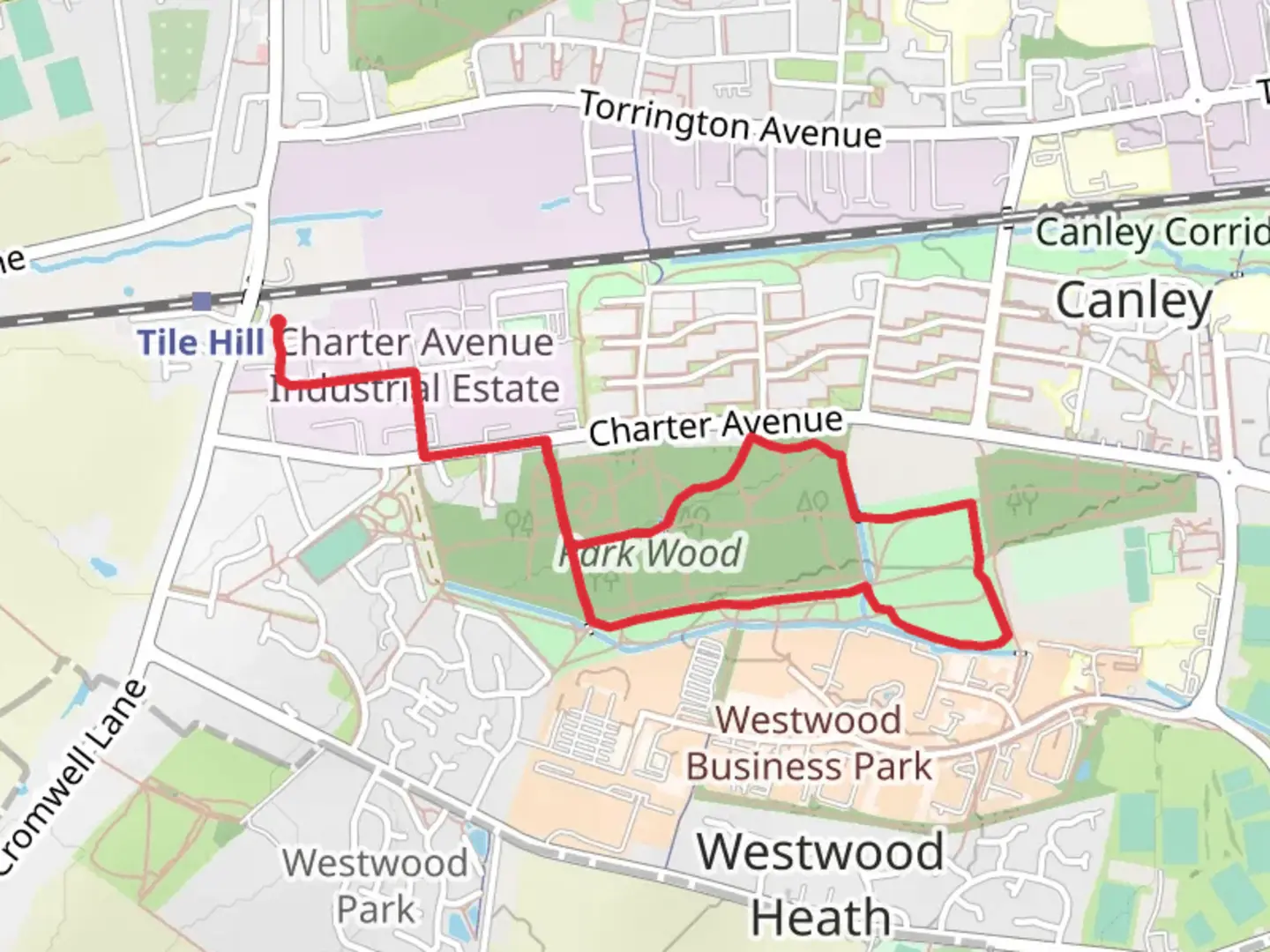 An image depicting the trail Park Wood Loop and its surrounding area.