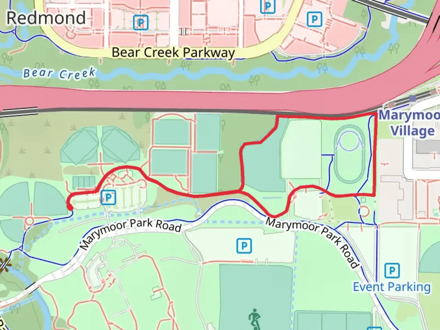 An image depicting the trail Jerry Baker Memorial Velodrome Loop and its surrounding area.