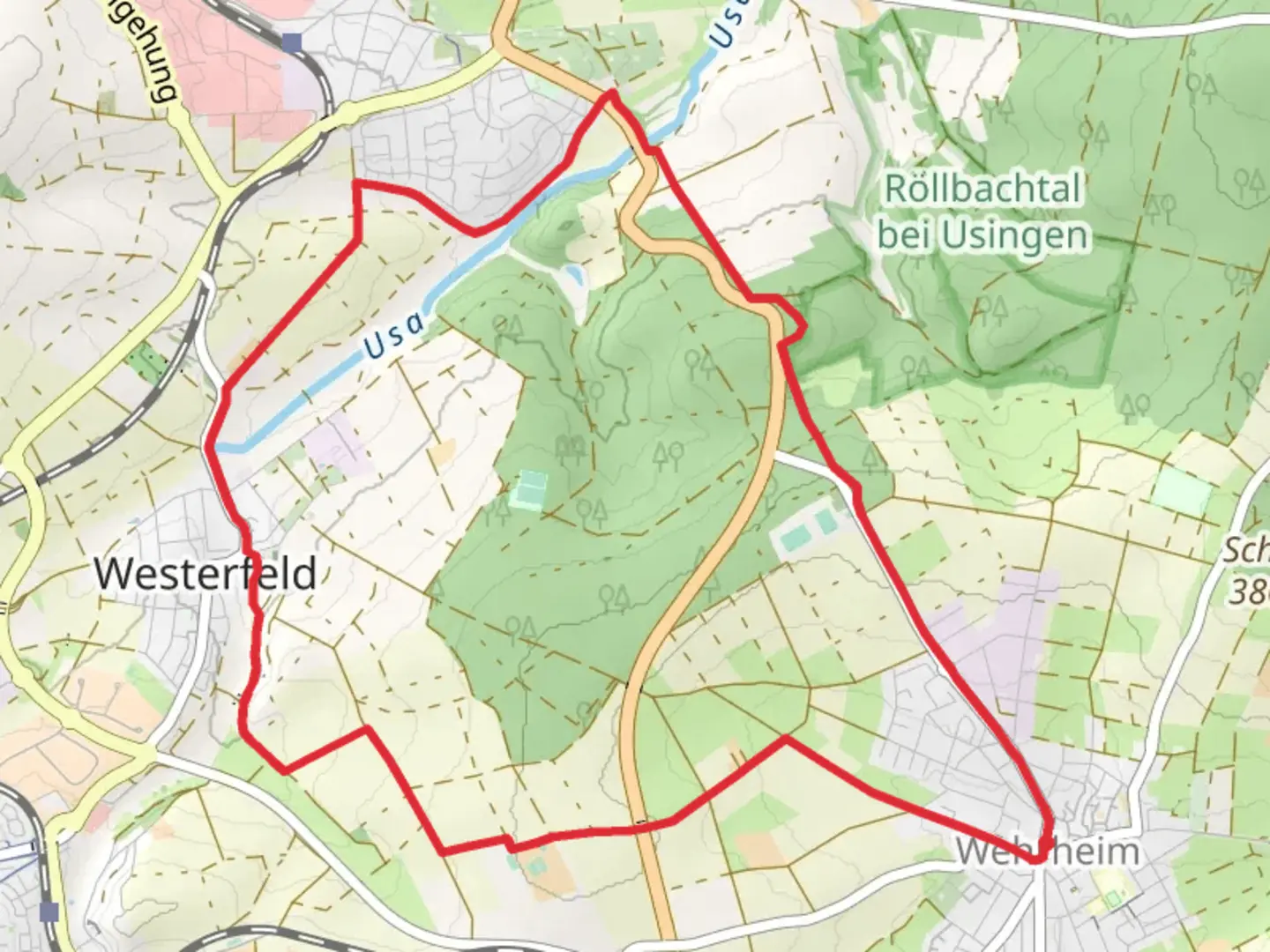 An image depicting the trail Werheim Loop via Eichenbiegel and Galgenkopf and its surrounding area.