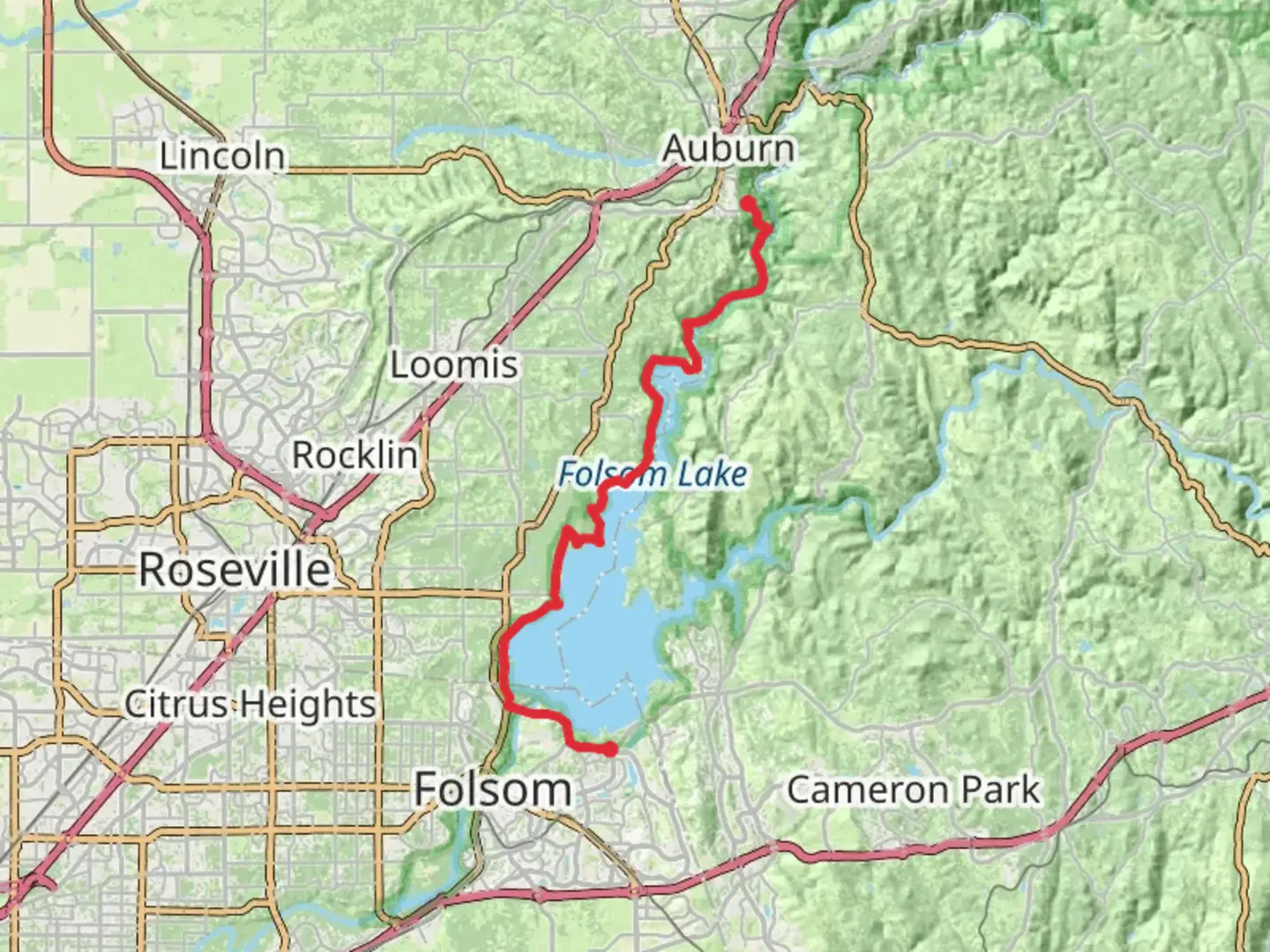 An image depicting the trail Jedi Trail and Pioneer Express Trail - Folsom Lake and its surrounding area.