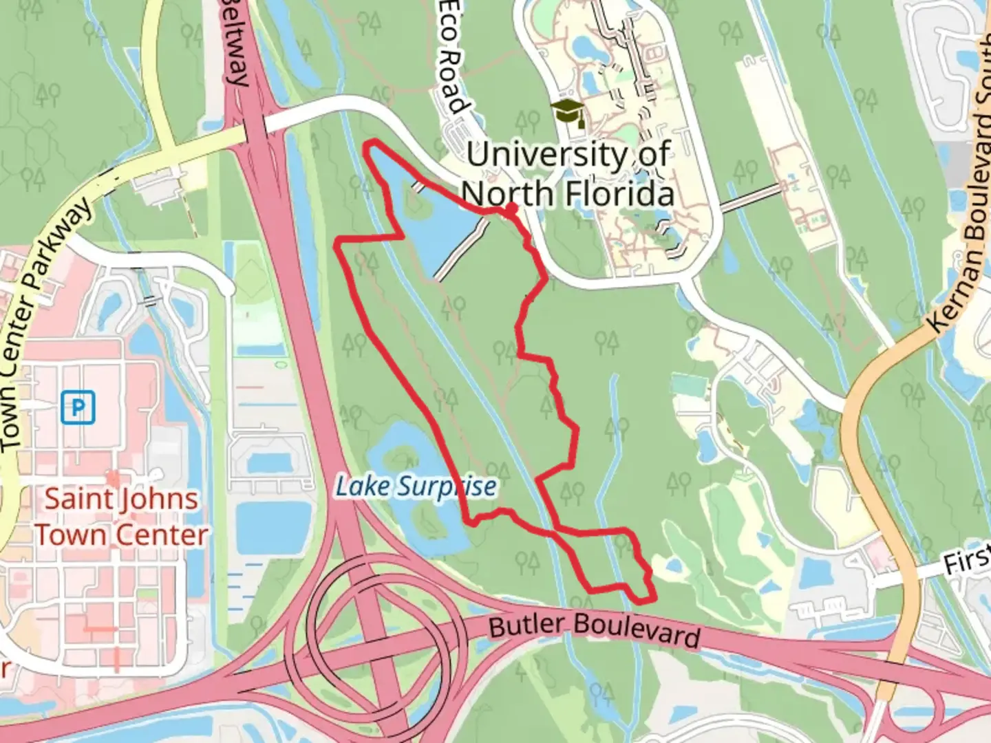 An image depicting the trail Lake Oneida, Lake Surprise via Gopher Tortoise Ridge and Goldenrod Trail and its surrounding area.