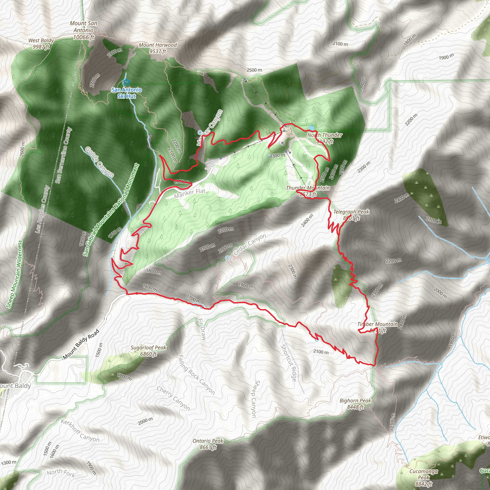 Telegraph Peak and Timber Mountain via Icehouse Canyon Trail mobile static map