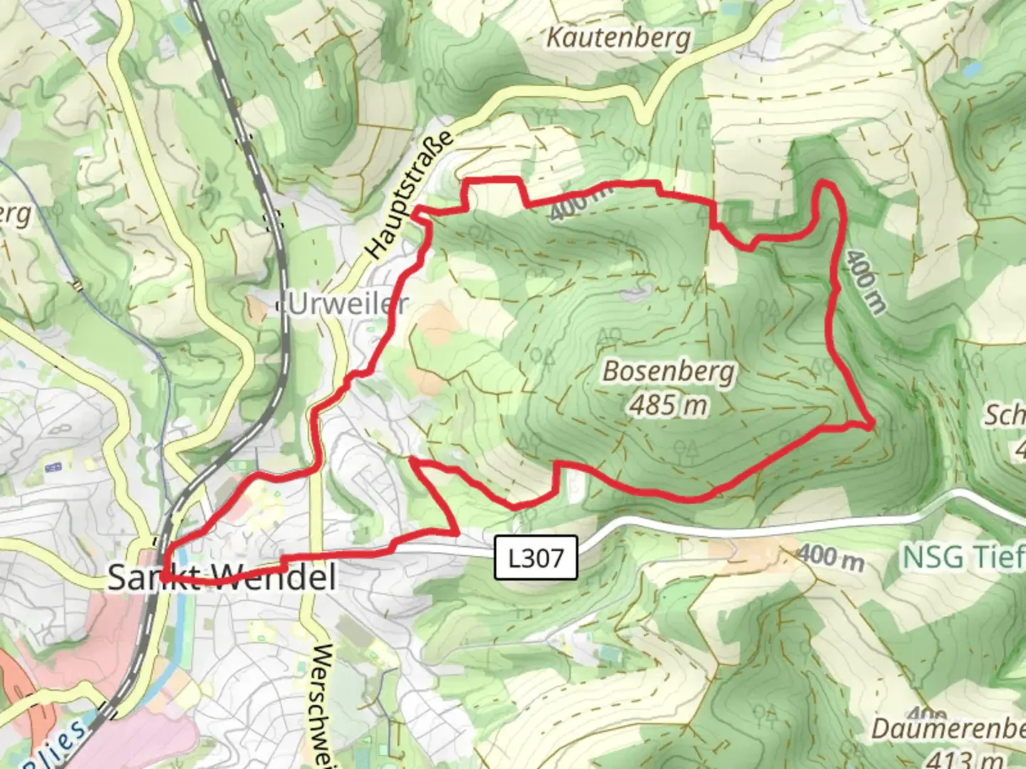 An image depicting the trail Sankt Wendel and Bergmannsquelle Loop and its surrounding area.