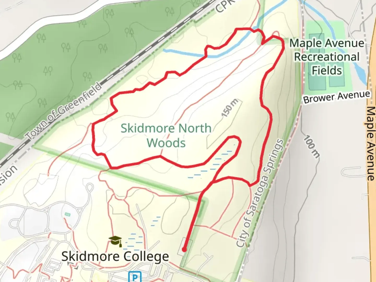An image depicting the trail Red and Blue Trail Loop from Skidmore College and its surrounding area.