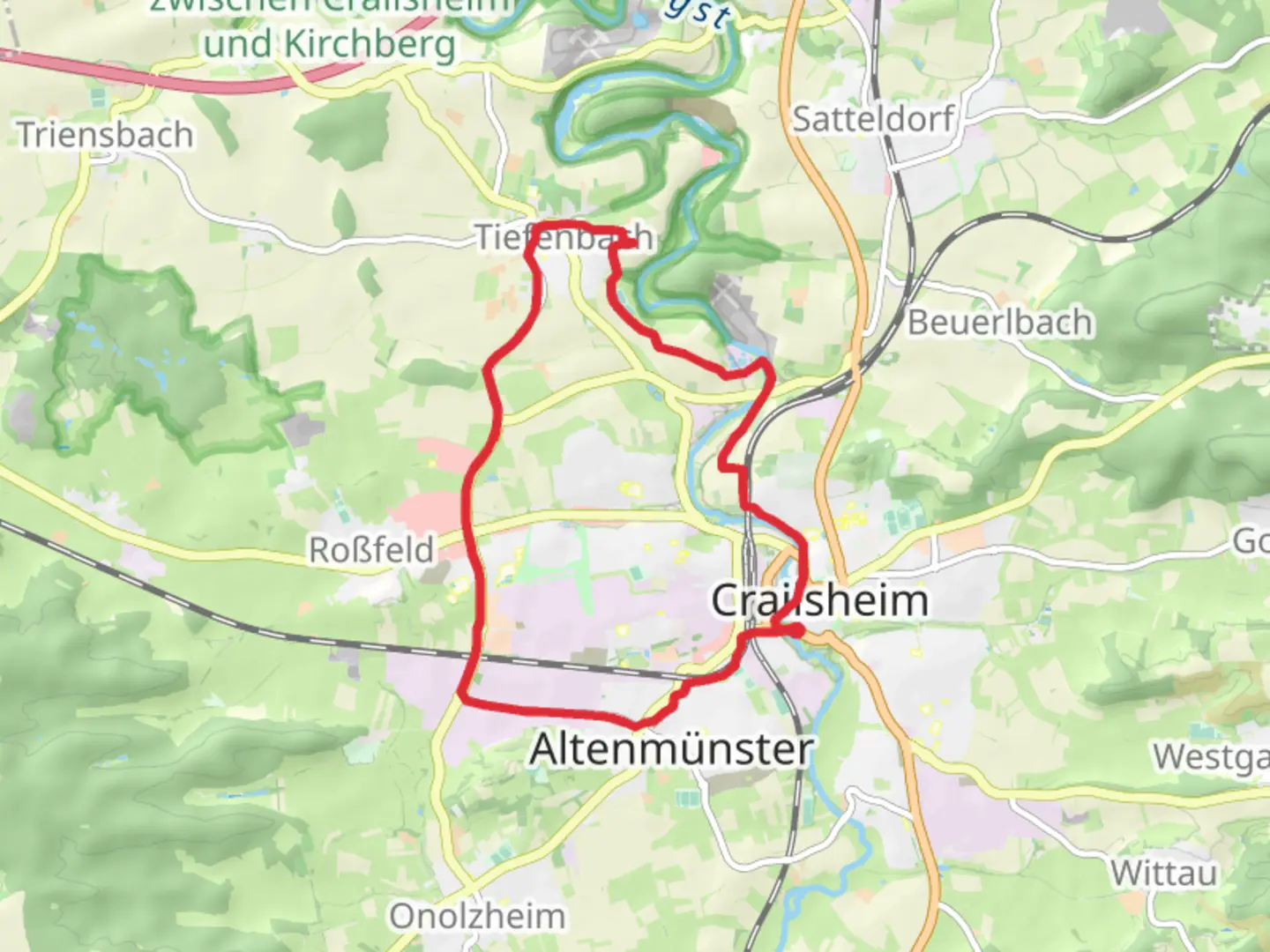 An image depicting the trail Crailsheim and Sauerbrunnen Loop and its surrounding area.