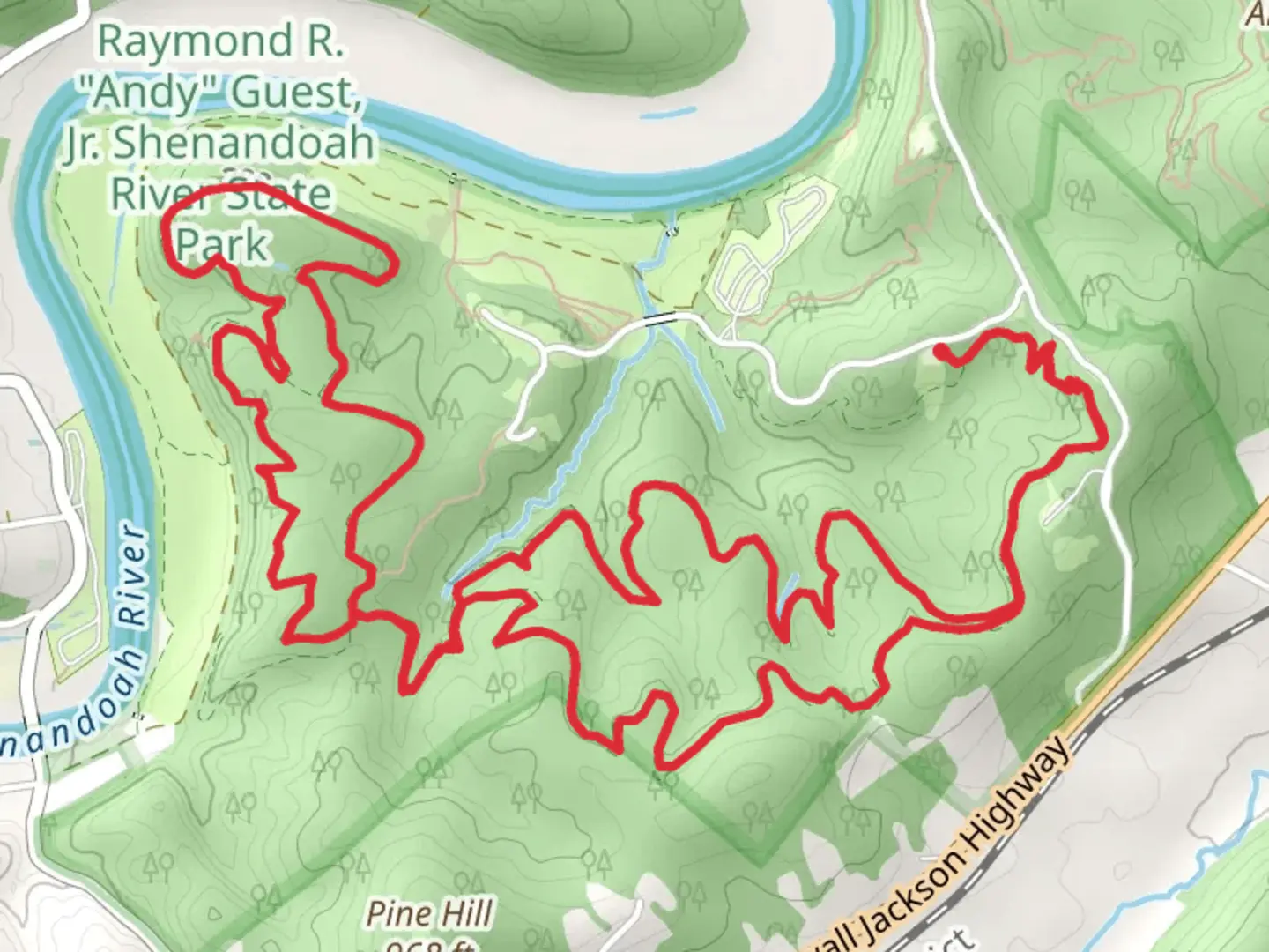 An image depicting the trail Big Oak Trail-Easy and Bear Bottom Loop Trail and its surrounding area.