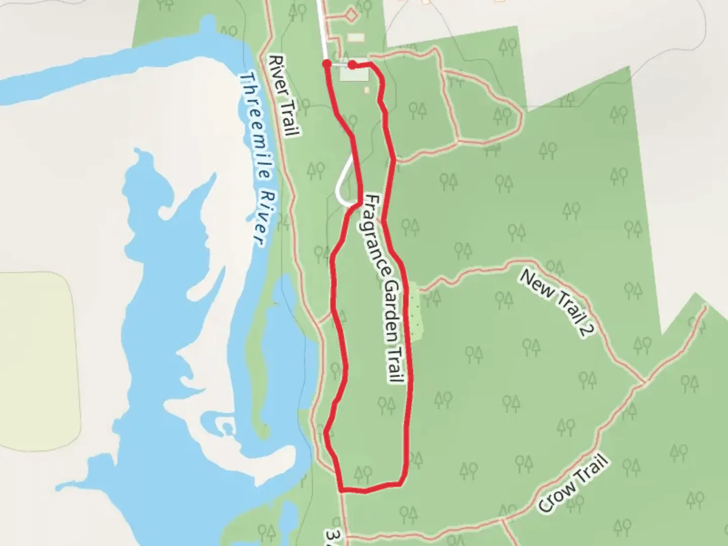 An image depicting the trail Fragrance Garden Trail and Three Mile River Dam Trail Loop and its surrounding area.