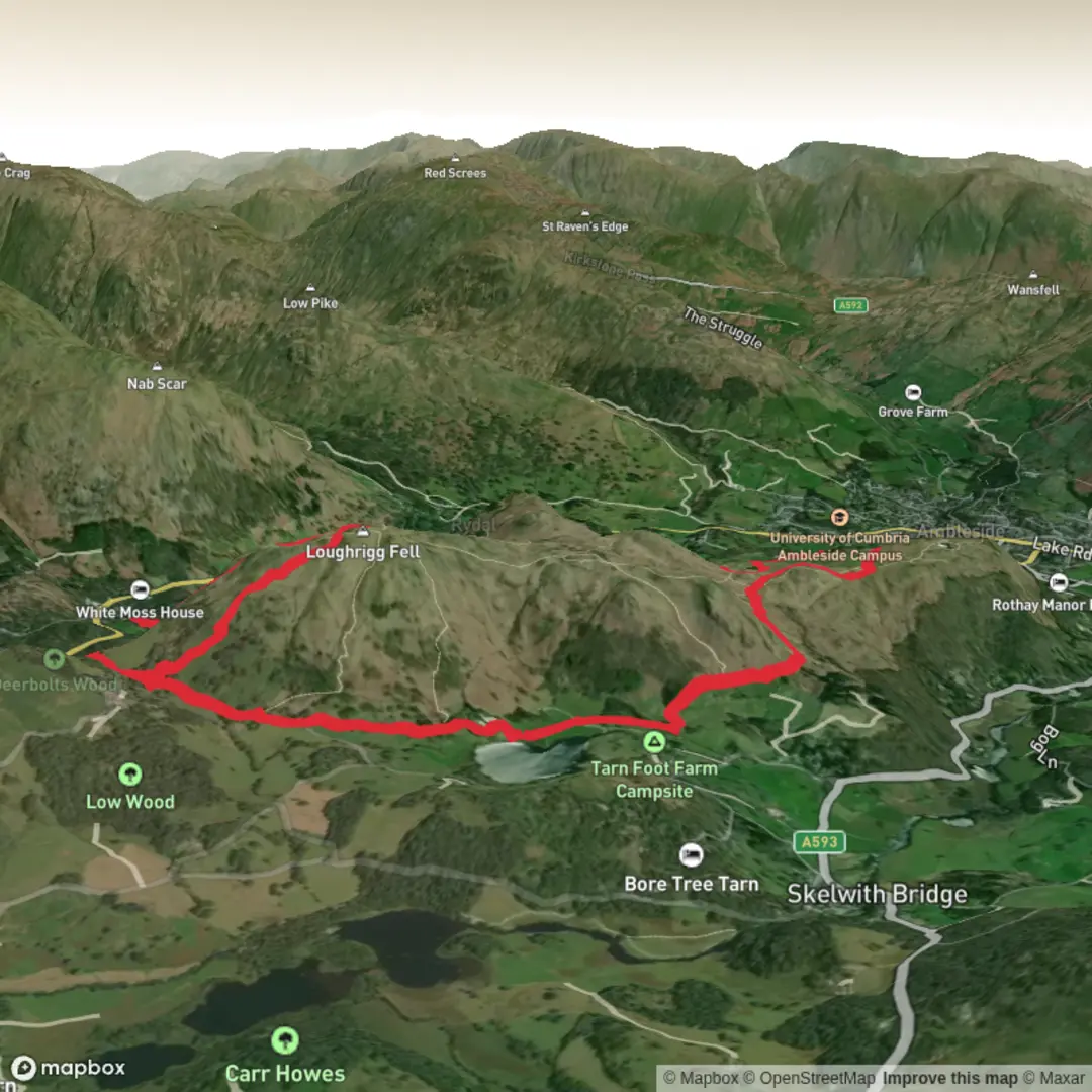 An image depicting the trail Loughrigg from Ambleside and its surrounding area.