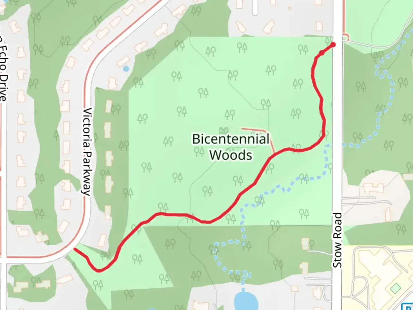 An image depicting the trail Bicentennial Woods and its surrounding area.
