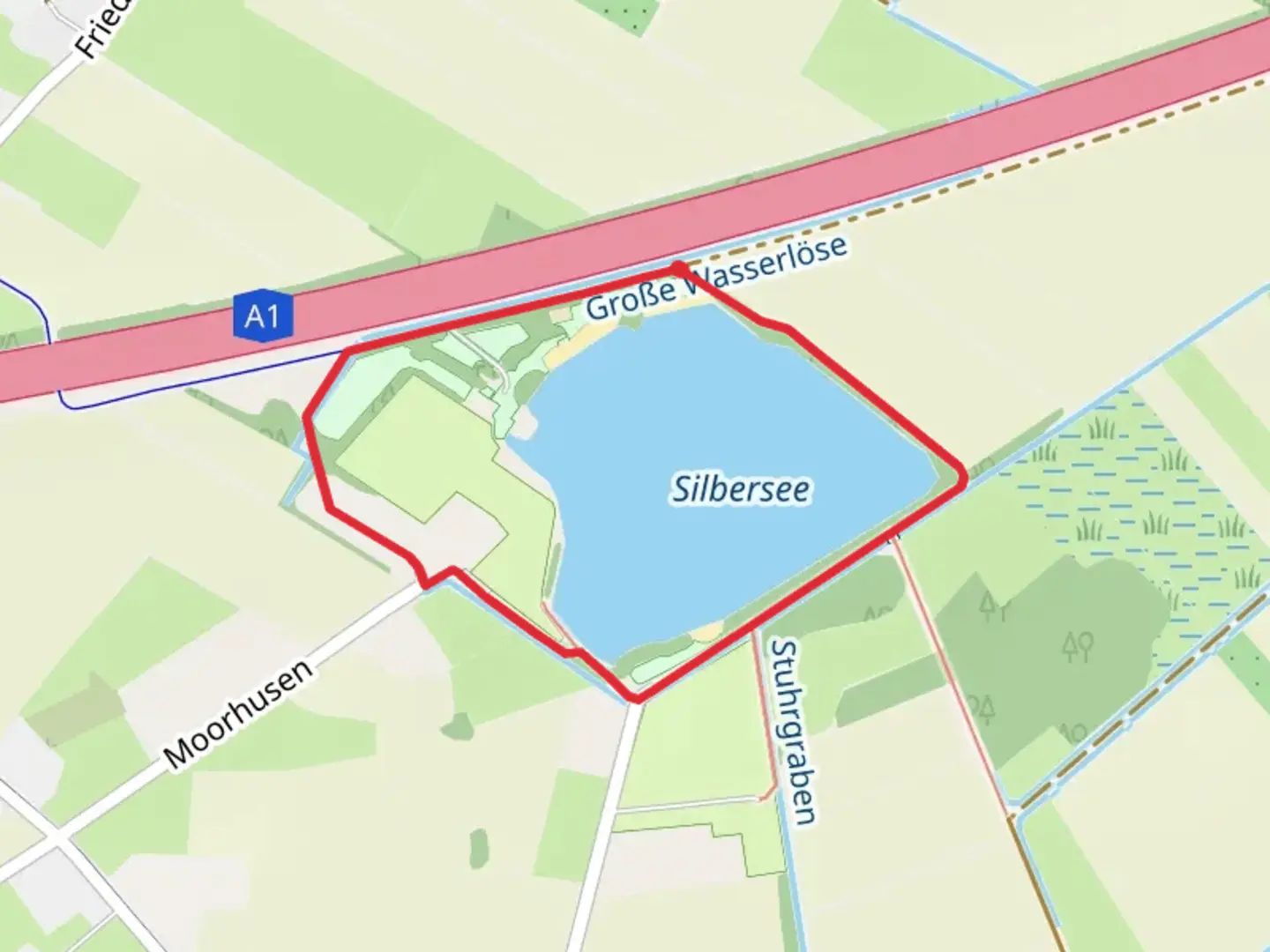 An image depicting the trail Silbersee via An der Sture and its surrounding area.