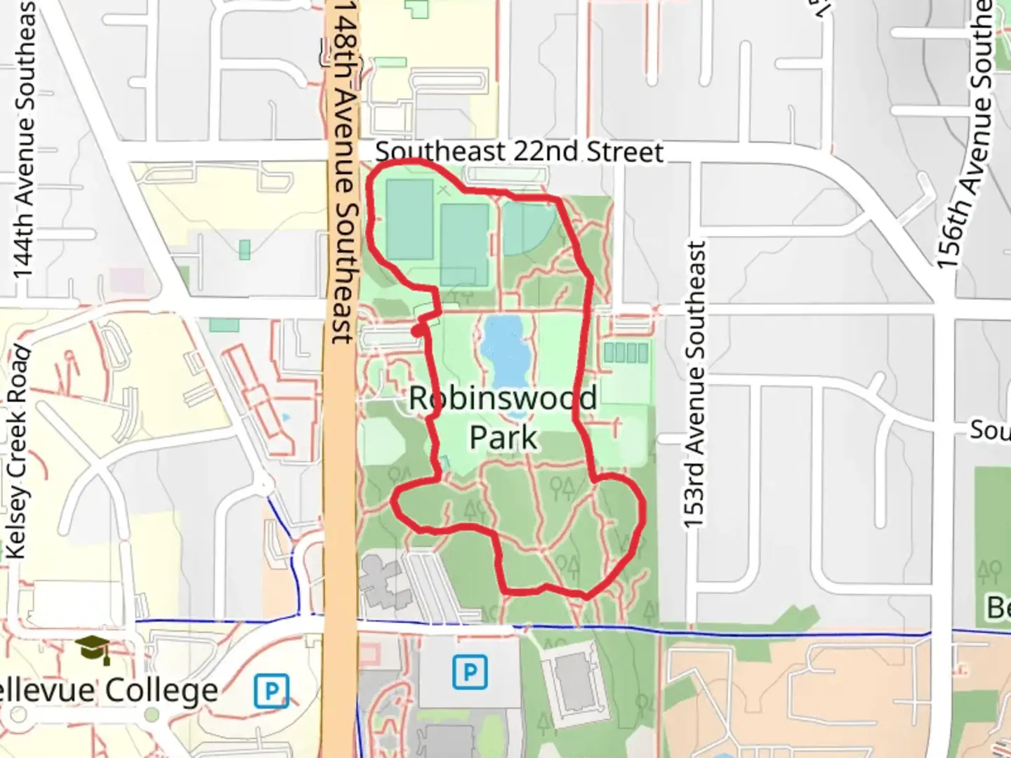 An image depicting the trail Robinswood Pond and Park Loop and its surrounding area.