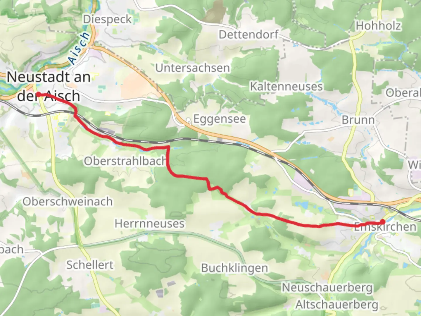An image depicting the trail Neustadt Mitte to Emskirchen Walk and its surrounding area.
