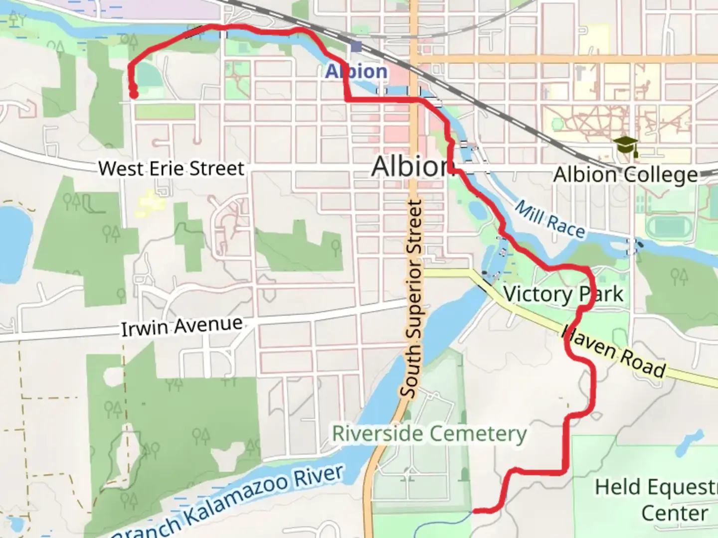 An image depicting the trail Washington Street Park and Victory Park via Albion River Trail and its surrounding area.