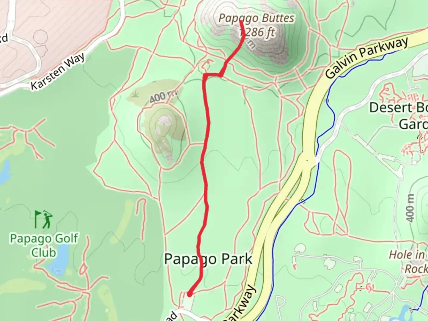 An image depicting the trail Papago Buttes and its surrounding area.