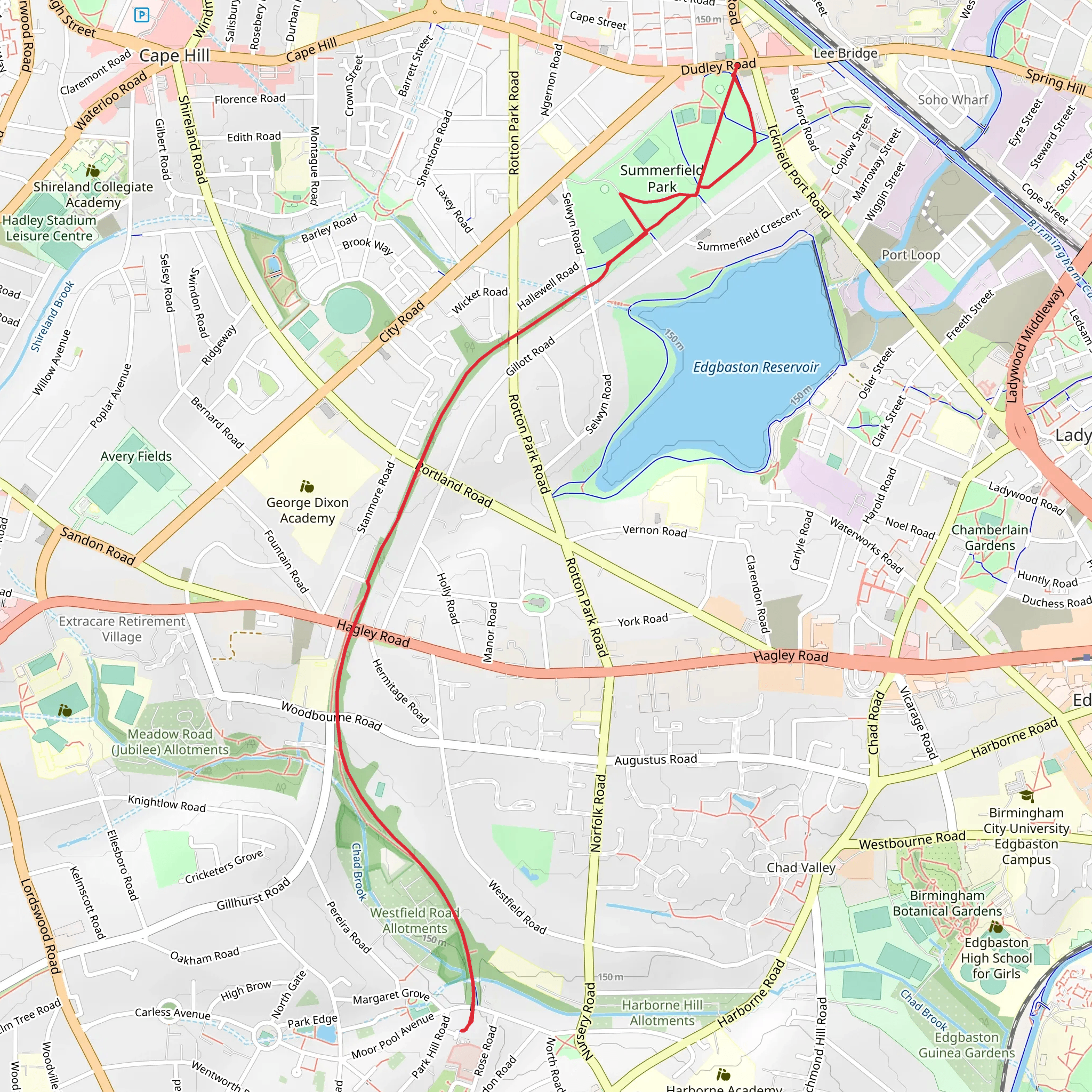 Summerfield Park and Harborne Nature Reserve via Harborne Walkway mobile static map