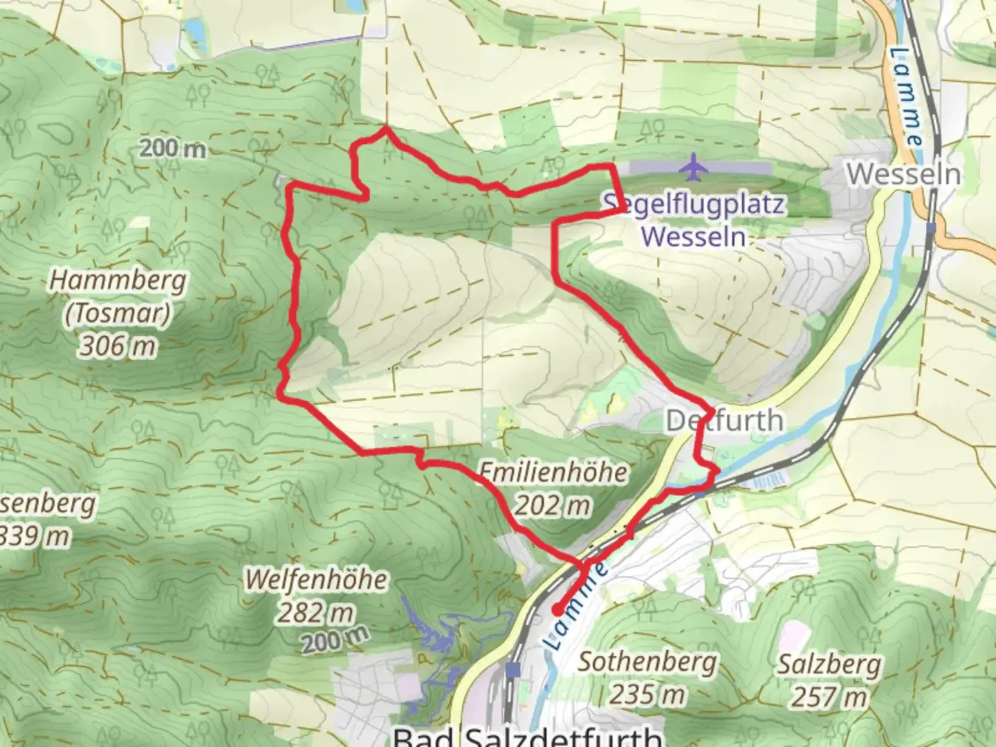 An image depicting the trail Bad Salzdetfurth Loop and its surrounding area.