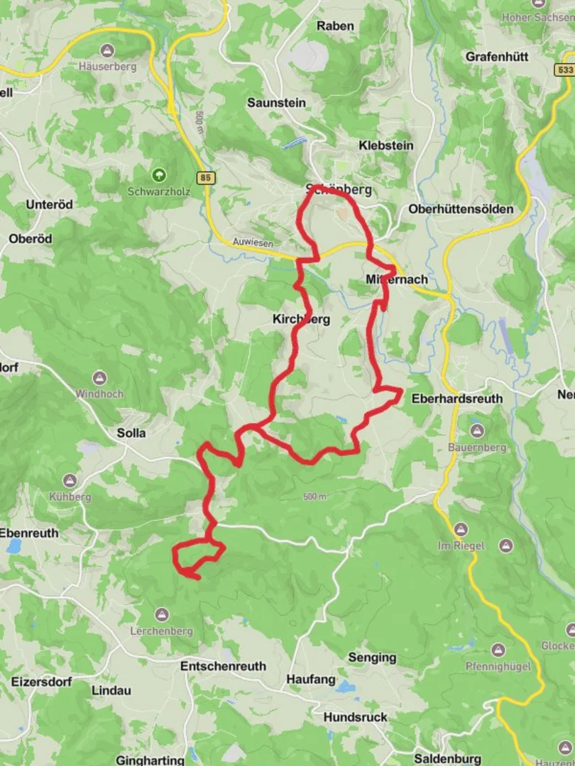 An image depicting the trail Schonberg and Wackelstein Loop and its surrounding area.
