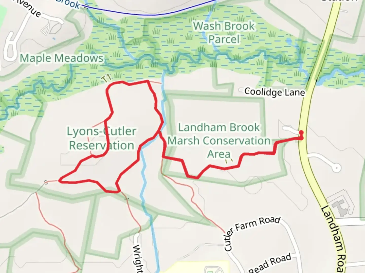 An image depicting the trail Lyons-Cutler Loop from Landham Road and its surrounding area.