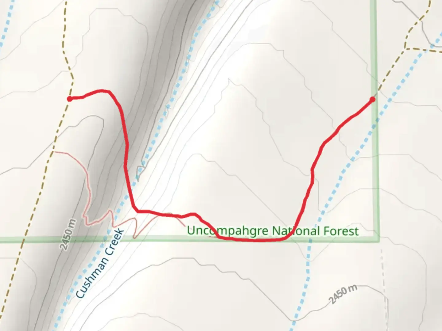 An image depicting the trail Cushman Mesa Trail and its surrounding area.