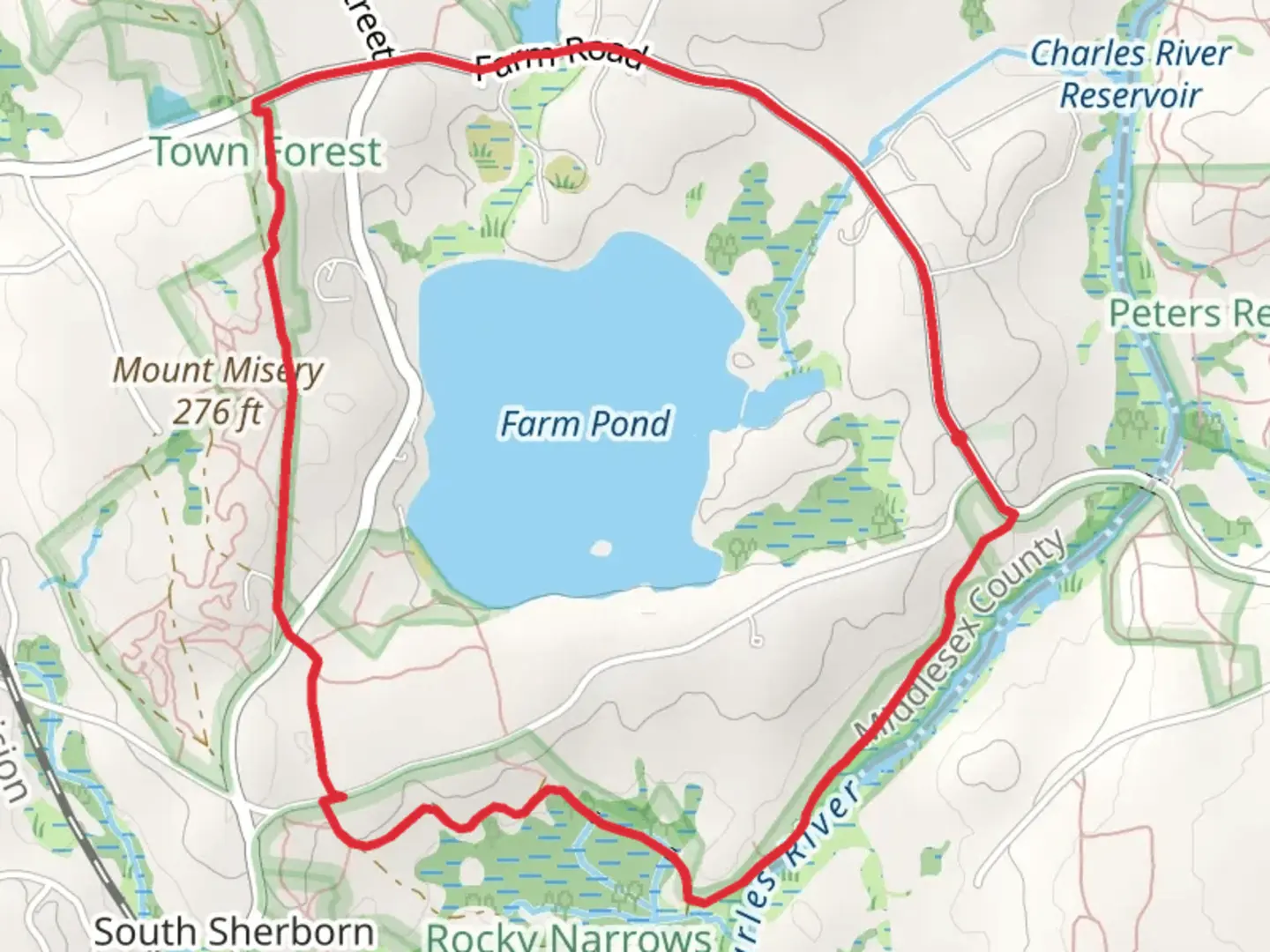 An image depicting the trail Farm Burying Ground - Farm Pond Loop Trail and its surrounding area.