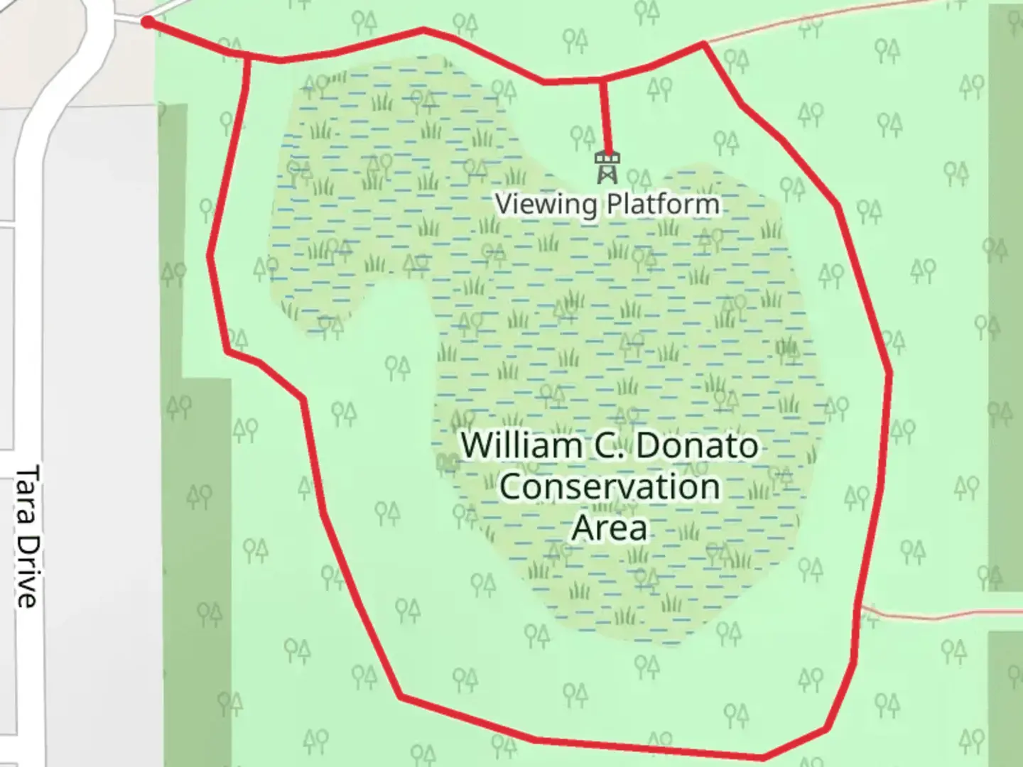 An image depicting the trail William C Donato Conservation Area Loop and its surrounding area.