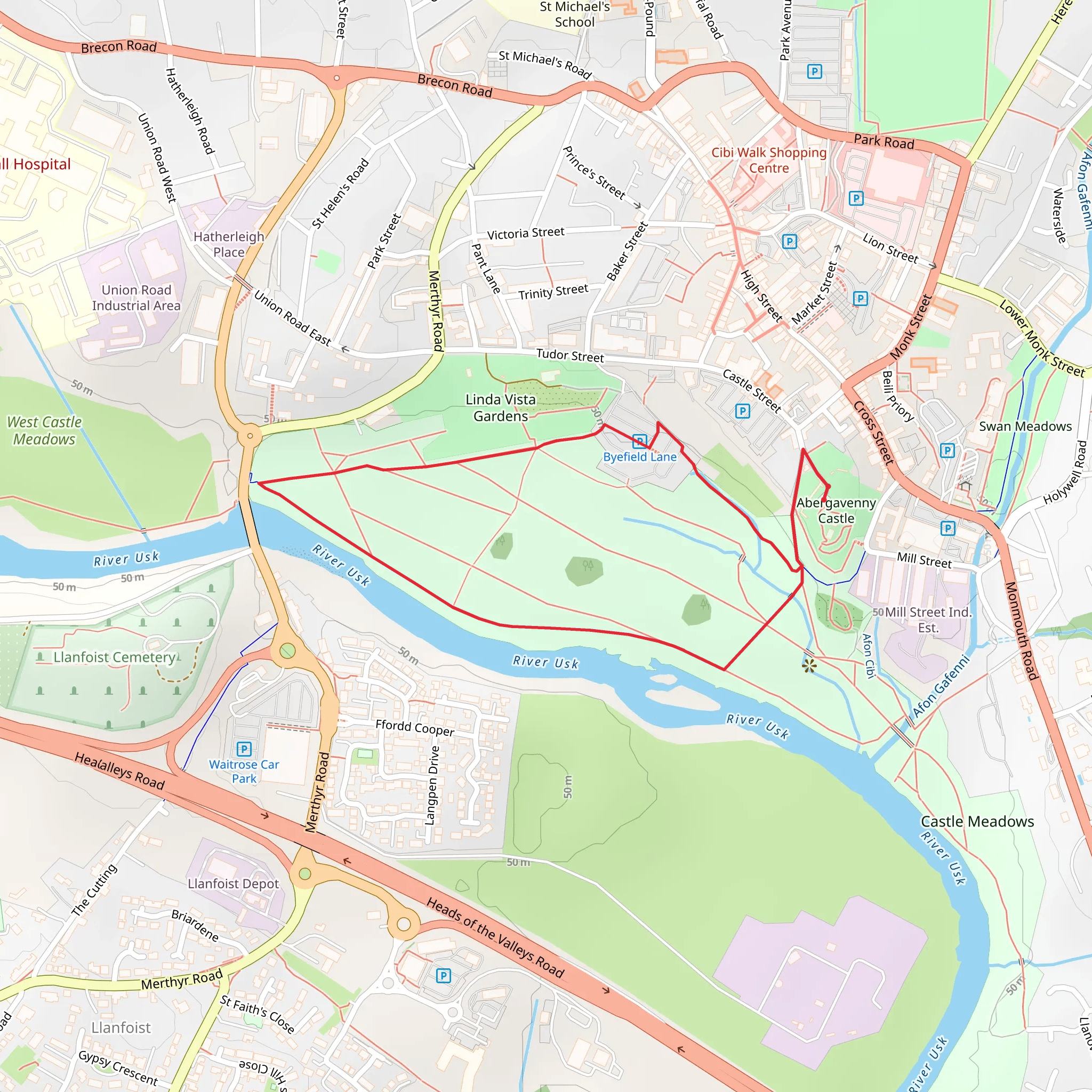 Abergavenny Castle Meadows and Linda Vista Gardens Walk mobile static map
