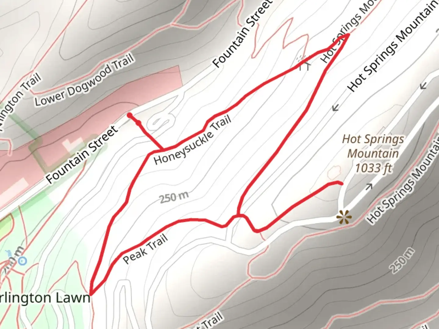 An image depicting the trail Fountain, Honeysuckle and Hot Springs Mountain Loop Trail and its surrounding area.