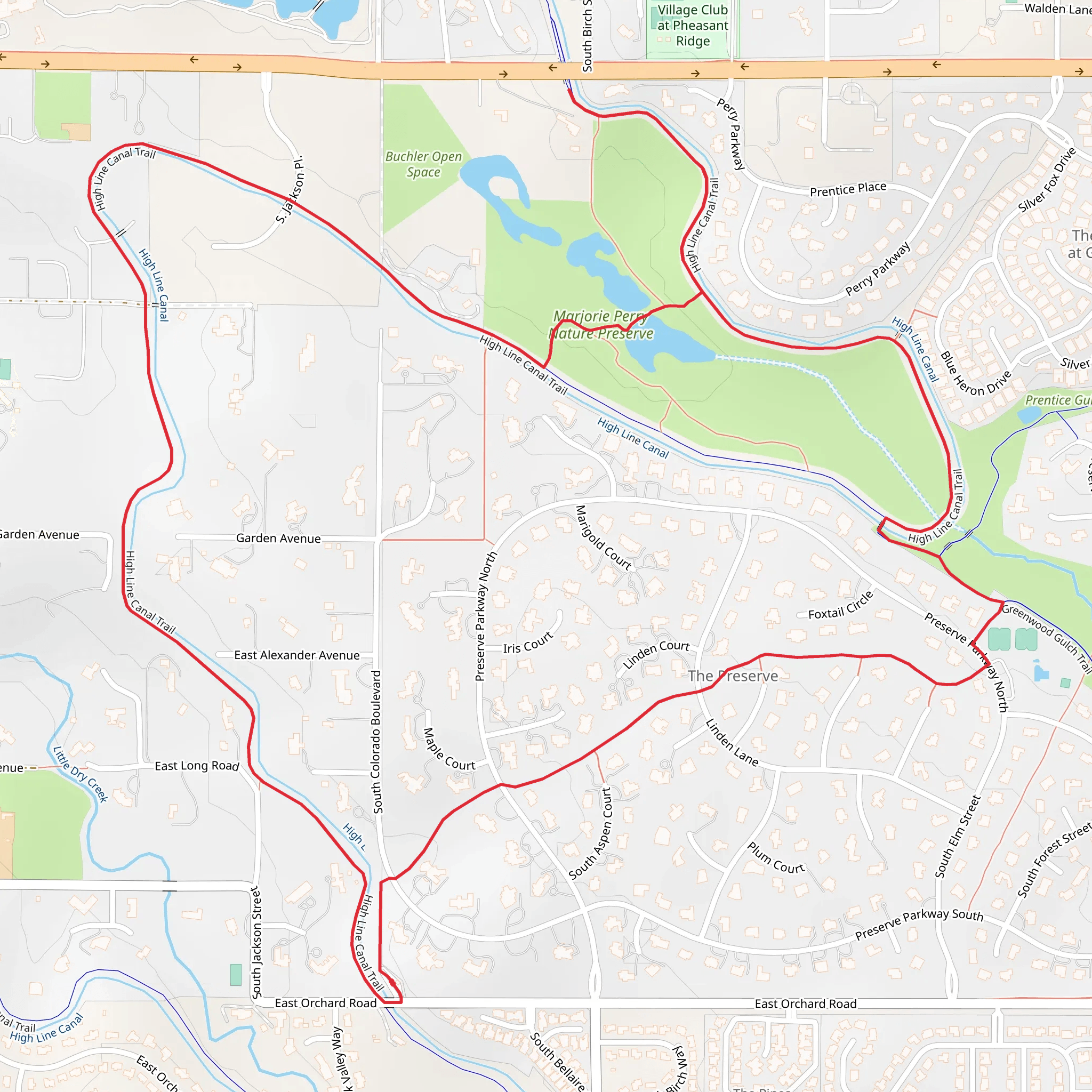 High Line Canal Trail and Majrjorie Perry Nature Preserve Loop mobile static map