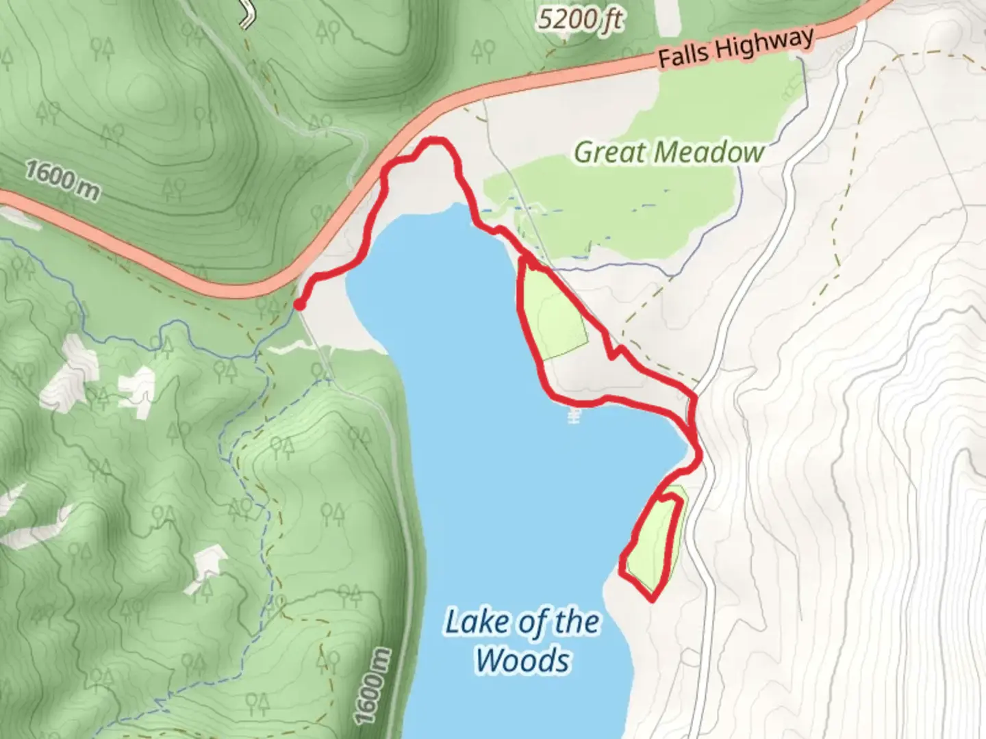 An image depicting the trail Lake of the Woods East Shore Loop and its surrounding area.