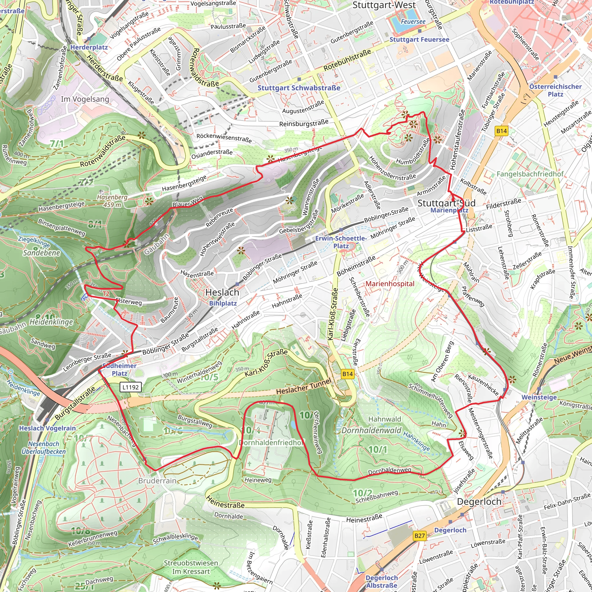 Karlshoehe and Dornhalde via Heslacher Blaustruempflerweg mobile static map