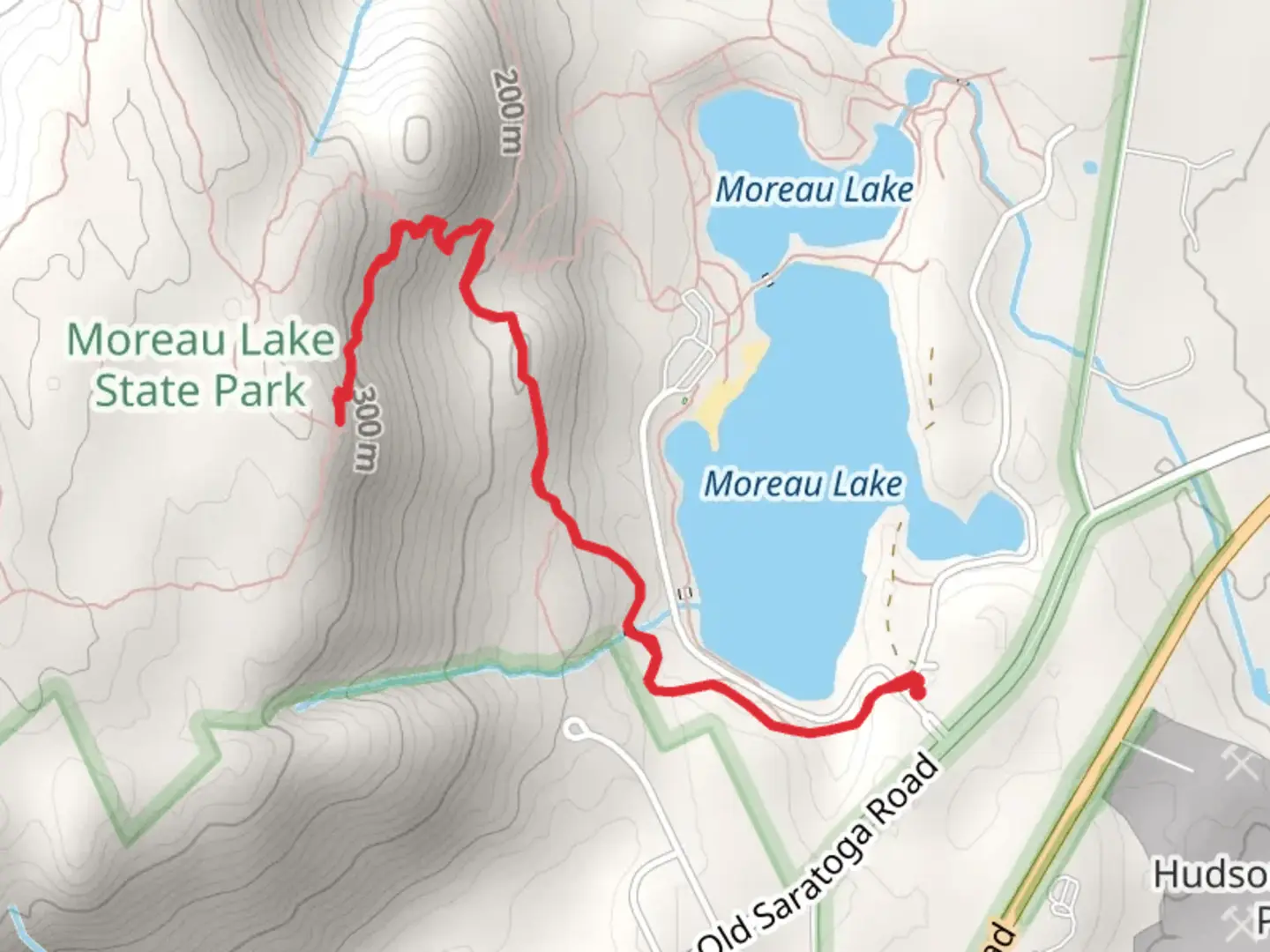 An image depicting the trail Red Oak Ridge Trail via Moreau Lake and its surrounding area.