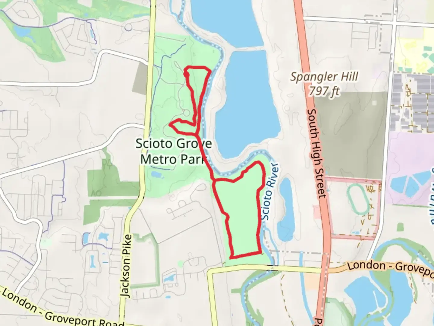 An image depicting the trail Scioto River - Scioto Grove Metro Park Loop and its surrounding area.