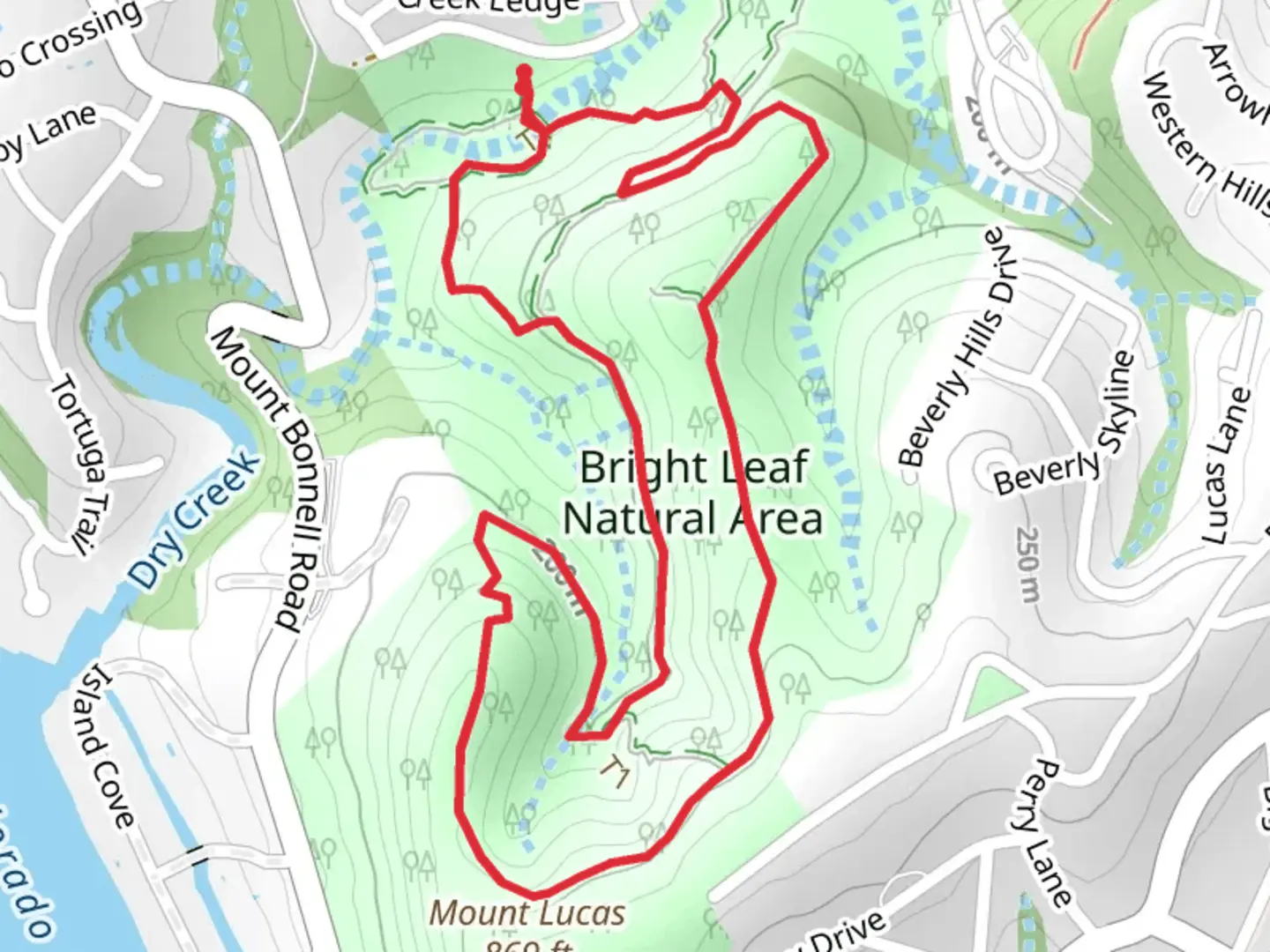 An image depicting the trail Bright Leaf Natural Area Loop and its surrounding area.