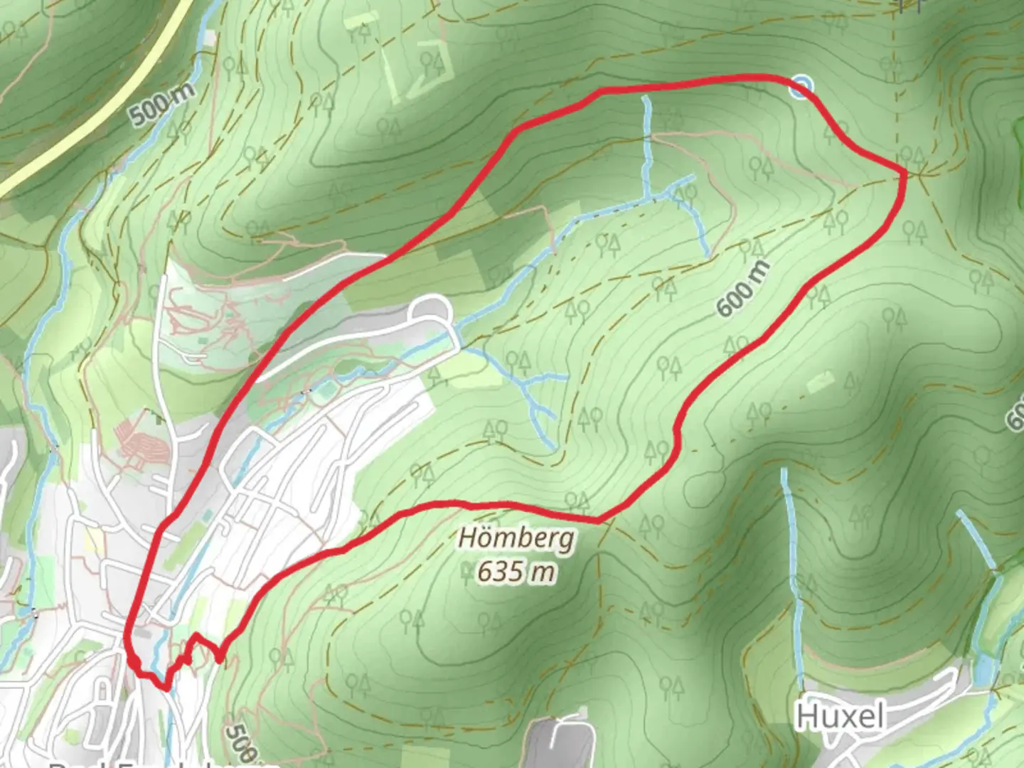 An image depicting the trail Kurpark Schmiedinghausen, Knippbecken and Homberg Loop via Zu den drei Buchen and its surrounding area.