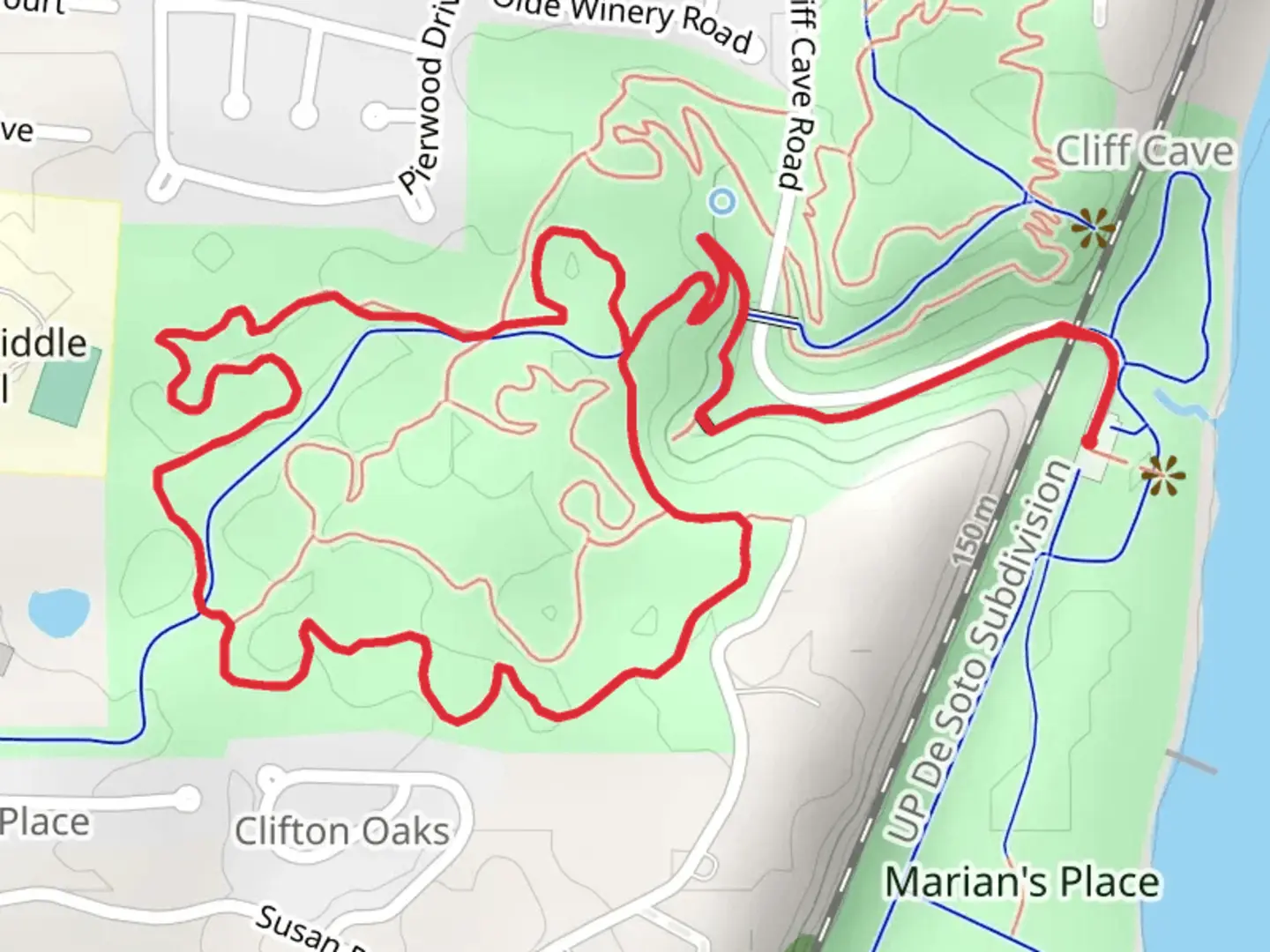 An image depicting the trail Cliff Cave County Park Loop Trail and its surrounding area.