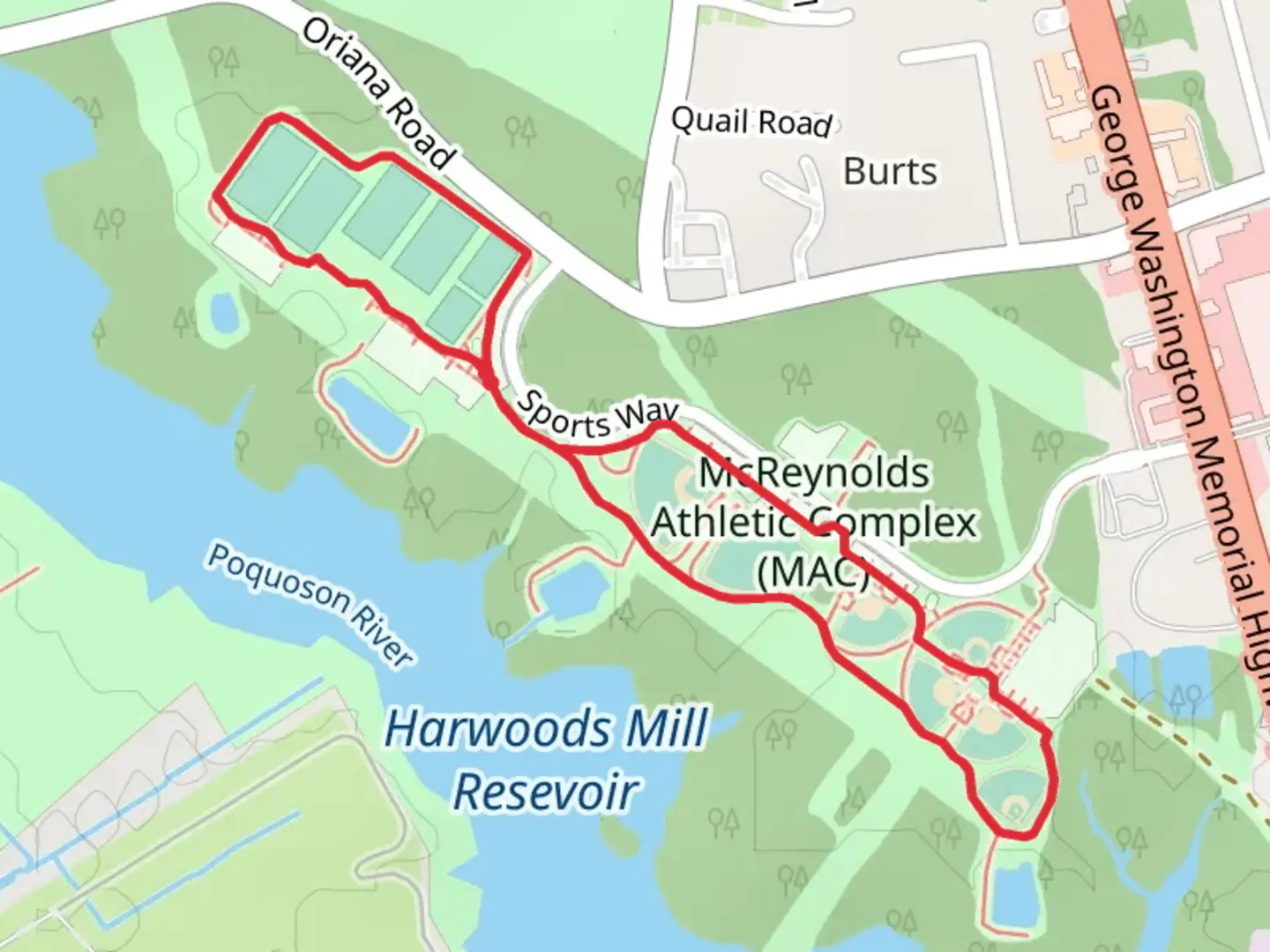 An image depicting the trail Harwood Mills Park Loop and its surrounding area.