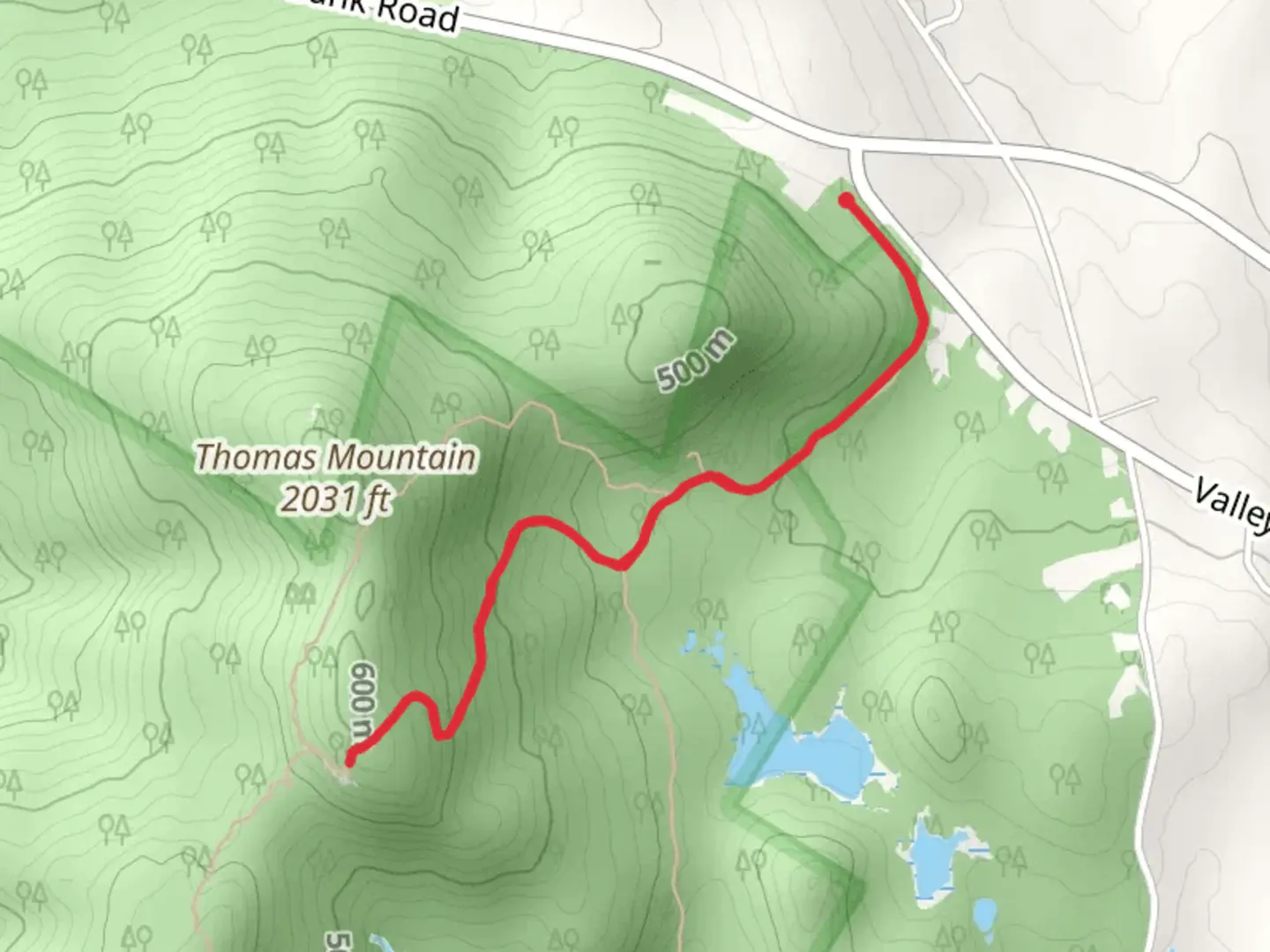 An image depicting the trail Thomas Mountain via Cat Mountain Blue Trail and its surrounding area.