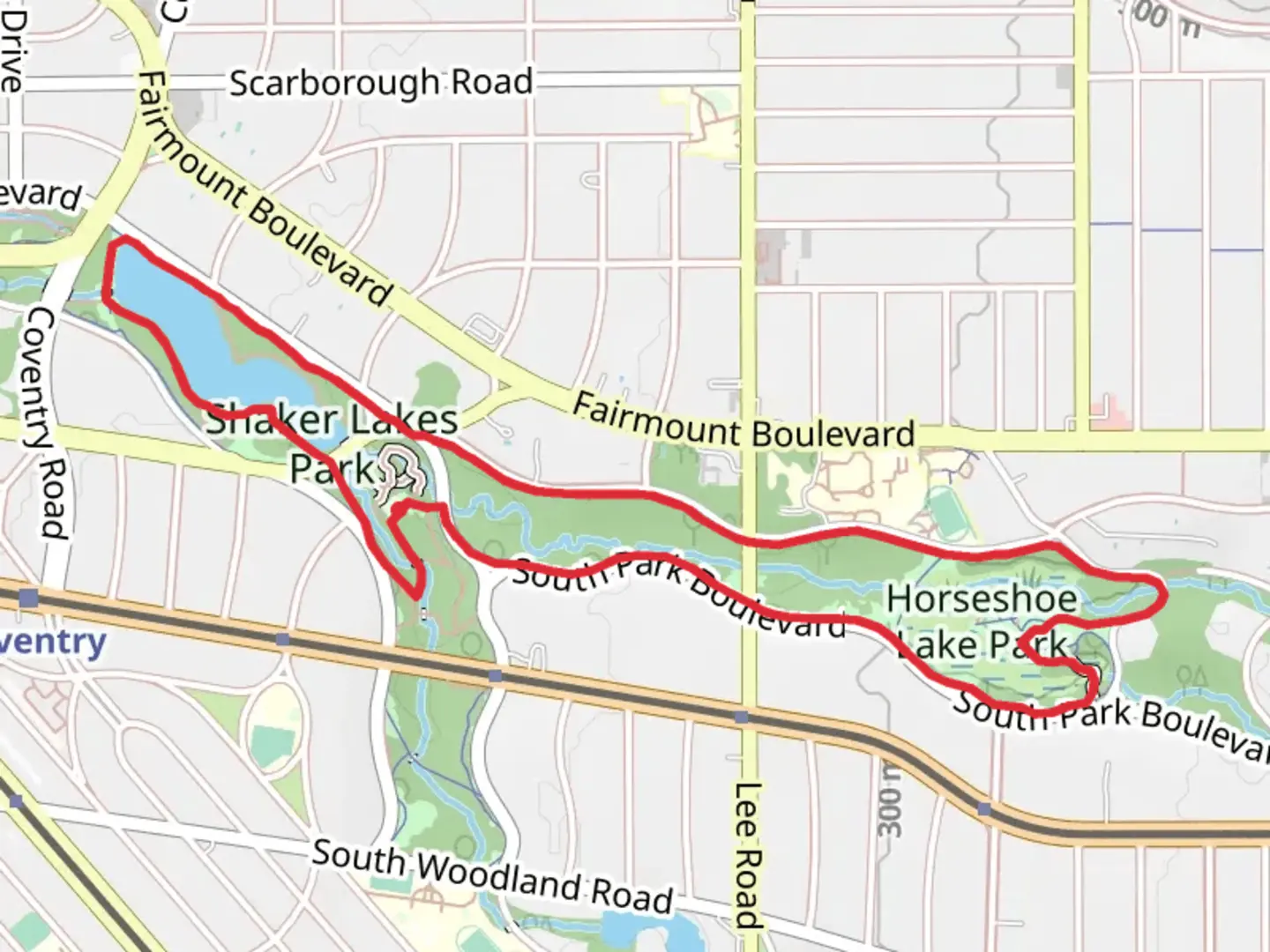 An image depicting the trail Lower Shaker Lake and Horseshoe Lake Park Loop and its surrounding area.