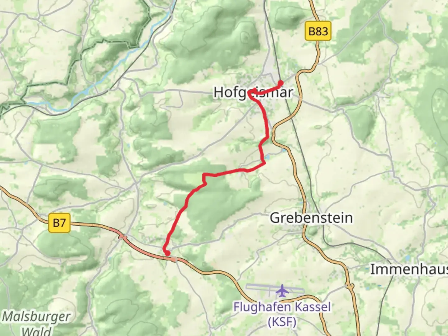An image depicting the trail Westuffeln to Hofgeismar via Hofgeismar-Kelze and its surrounding area.
