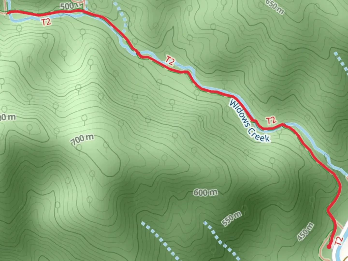 An image depicting the trail Site A via Widows Creek Trail and its surrounding area.