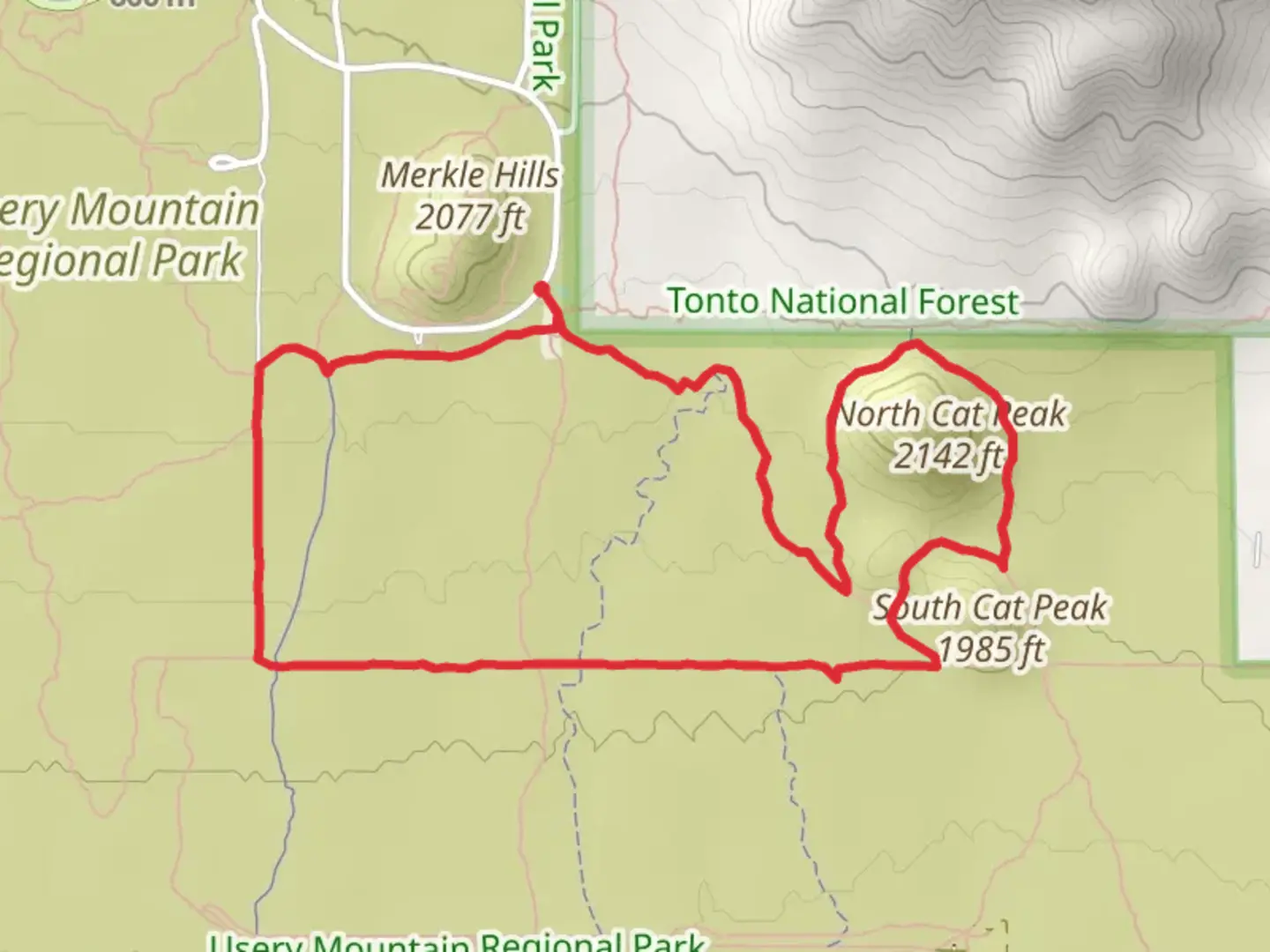 An image depicting the trail Blevins and Cat's Peaks loop Trail and its surrounding area.