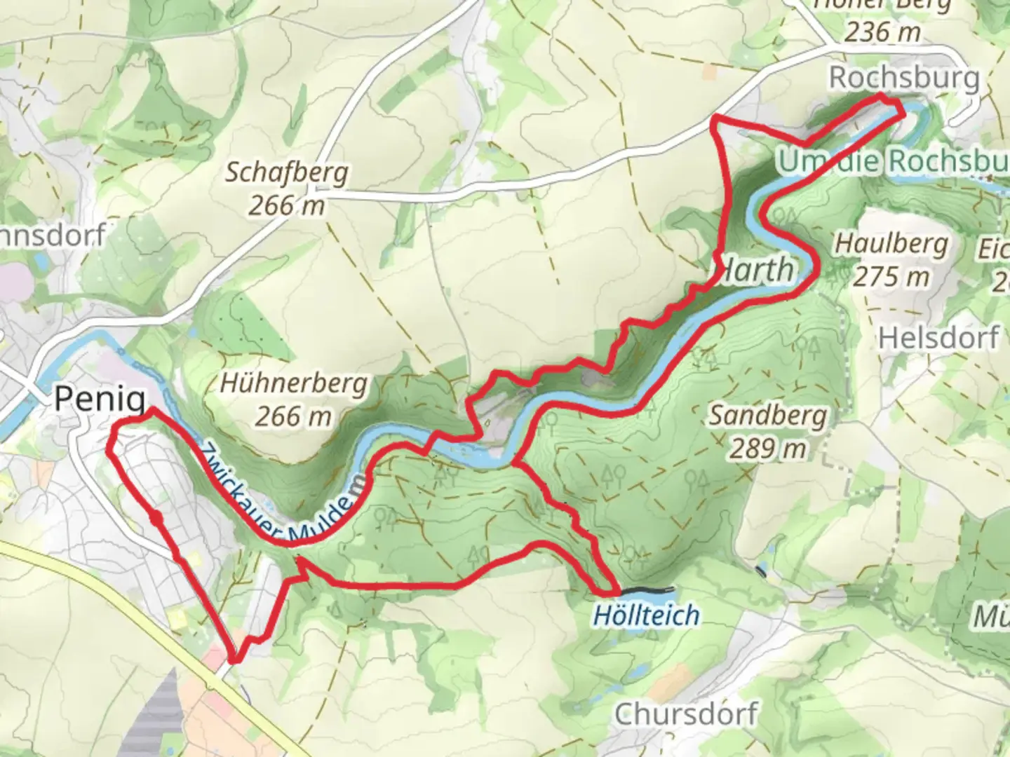 An image depicting the trail Höllteich and Zwickauer Mulde via Muldental Wanderweg and Thierbach - goehren and its surrounding area.