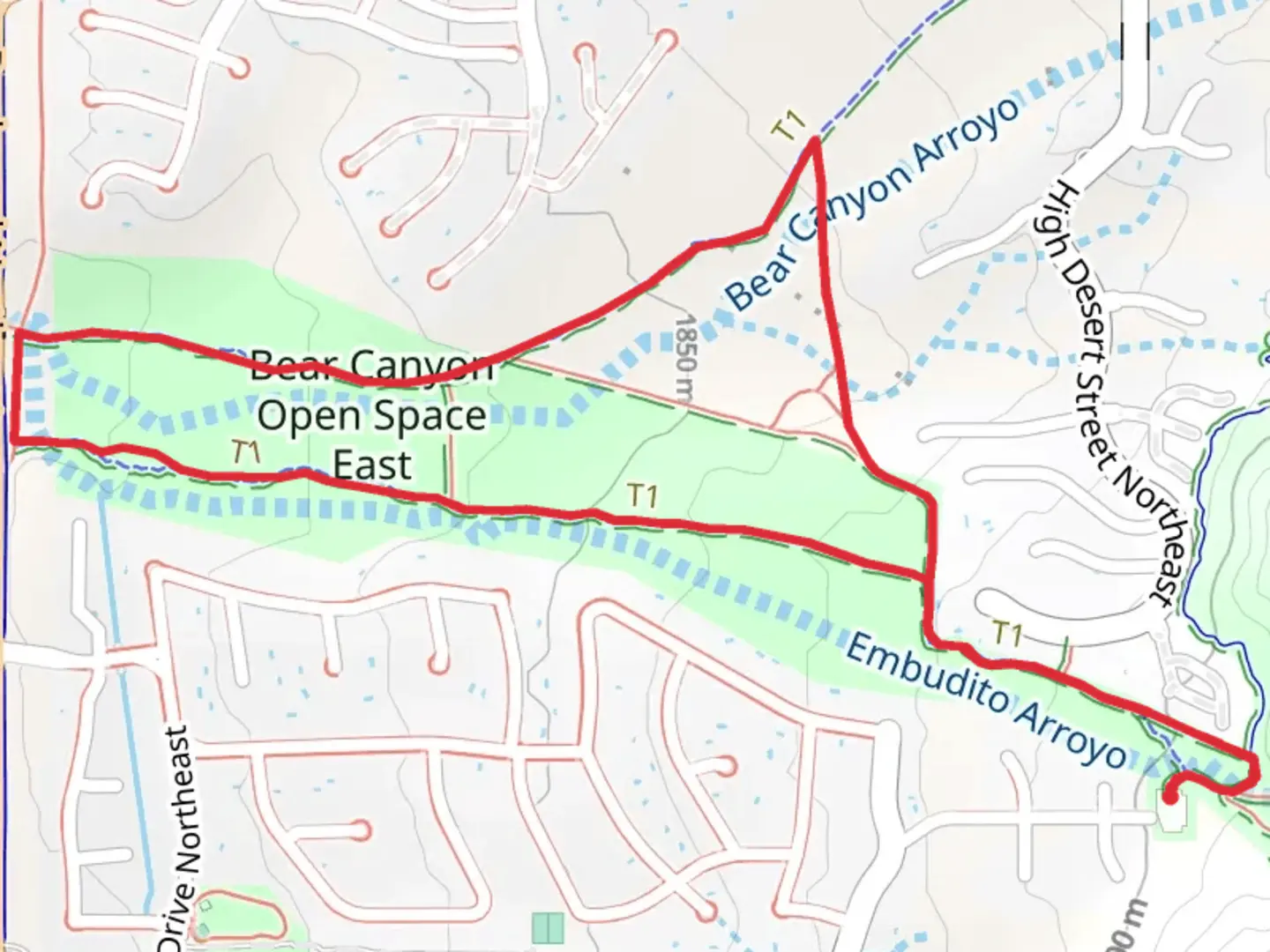An image depicting the trail Bear Canyon Arroyo Open Space Loop and its surrounding area.