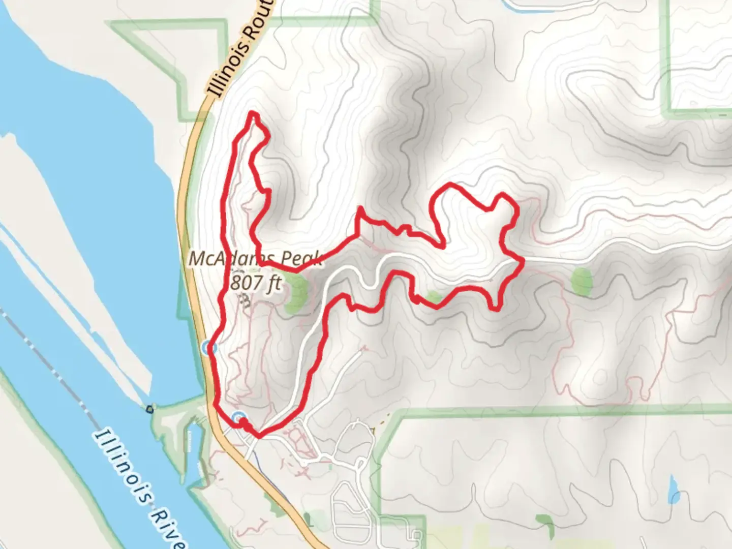 An image depicting the trail McAdams Peak Loop from Illinois Route and its surrounding area.