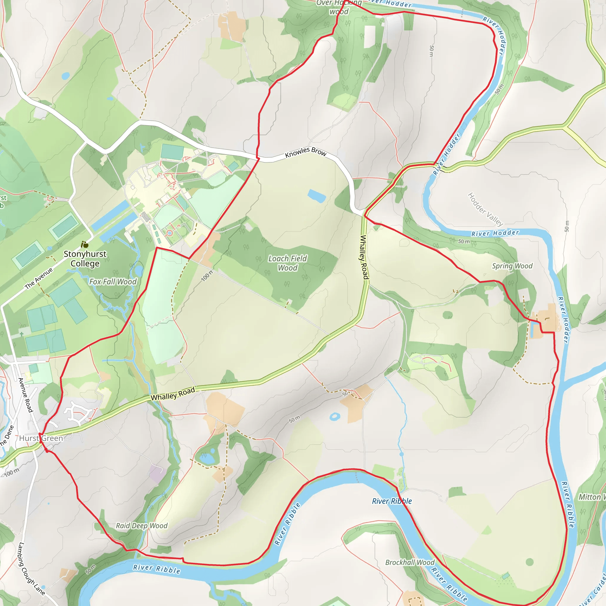Over Hacking Wood and Hurst Green via Ribble Way mobile static map