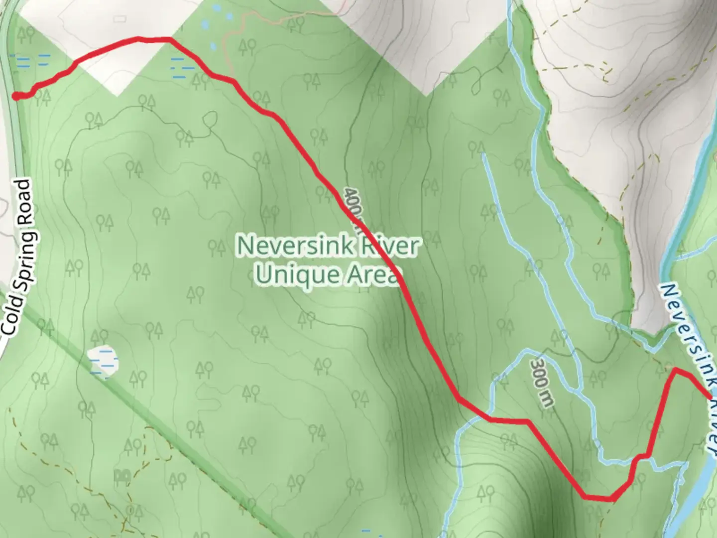 An image depicting the trail Neversink River from Cold Spring Road and its surrounding area.