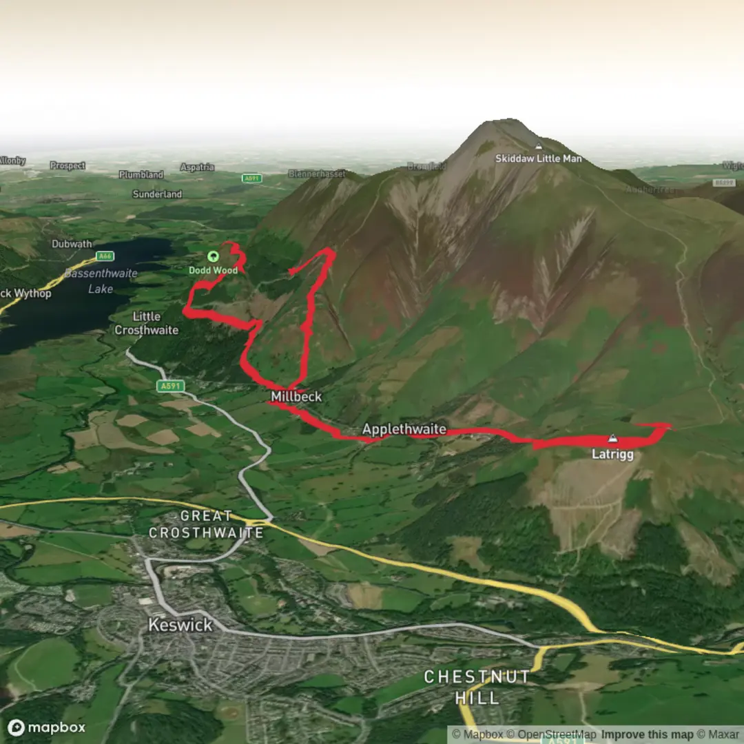 An image depicting the trail Latrigg and Dodds Hill Loop and its surrounding area.
