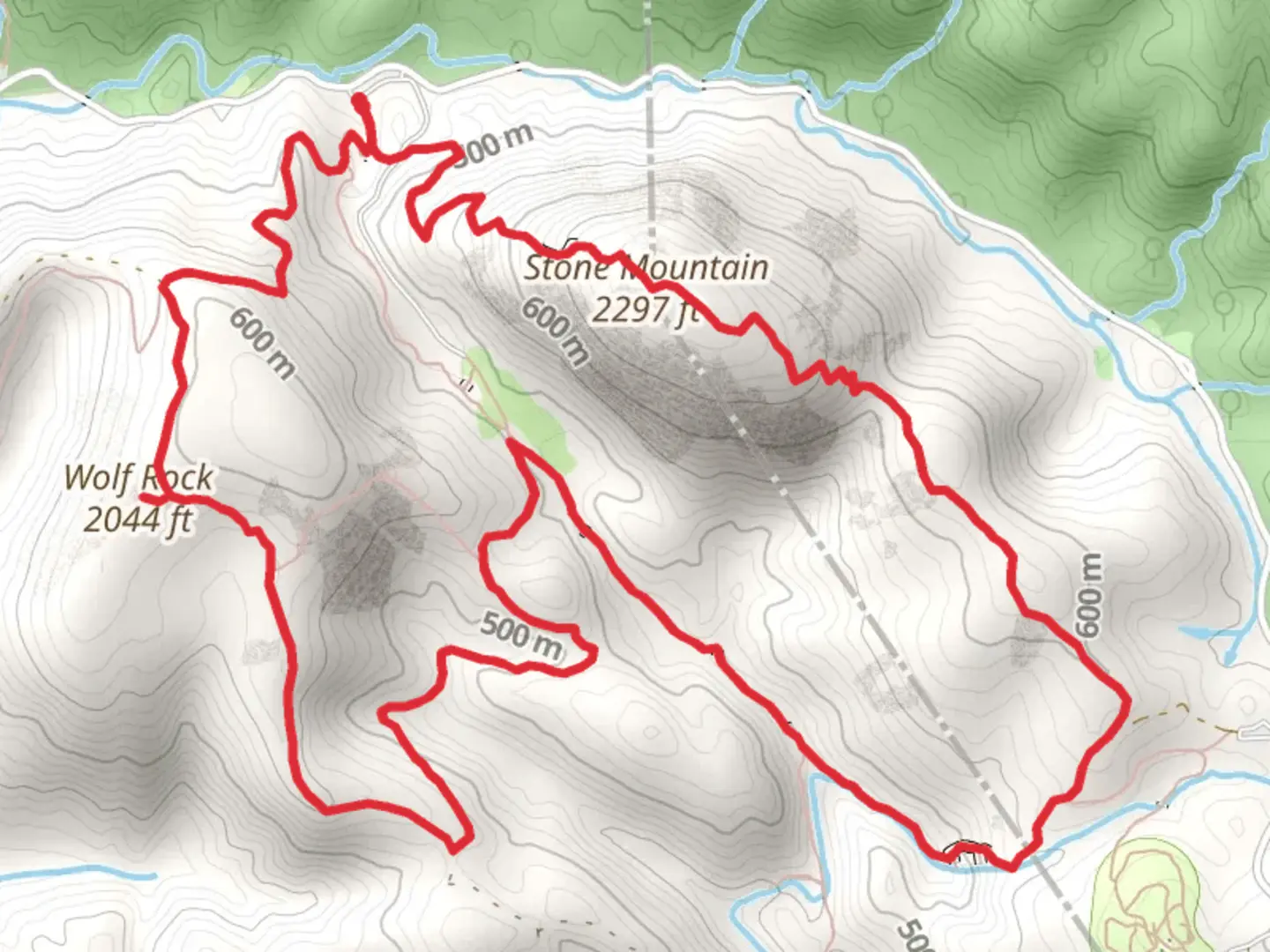 An image depicting the trail Wolf Rock Trail and Stone Mountain Loop Trail and its surrounding area.
